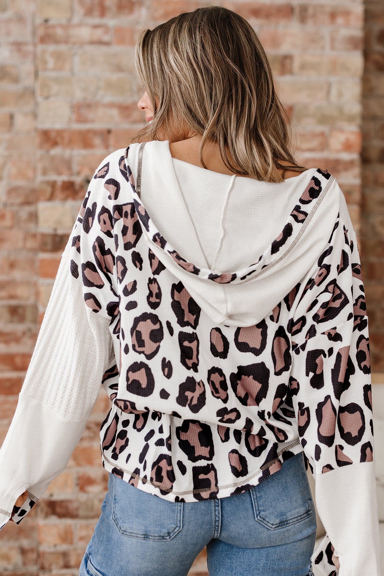 Oversized Leopard Contrast Mixed Texture Patchwork Zip-Up Drop Shoulder Hoodie - Tops/Sweatshirts & Hoodies