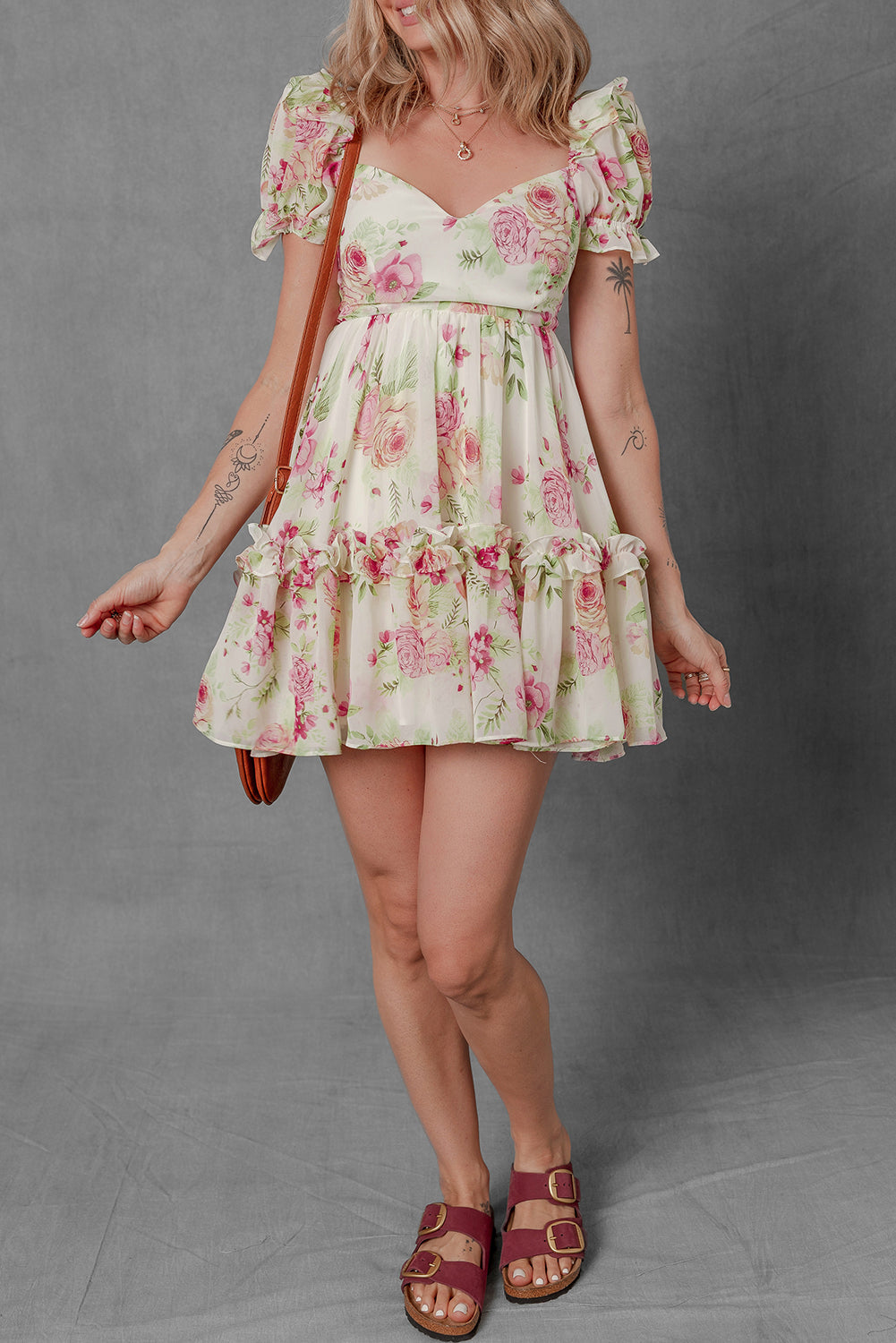 White Vibrant Floral Bubble Sleeve Sweetheart Neck Ruffle Mini Dress eAura