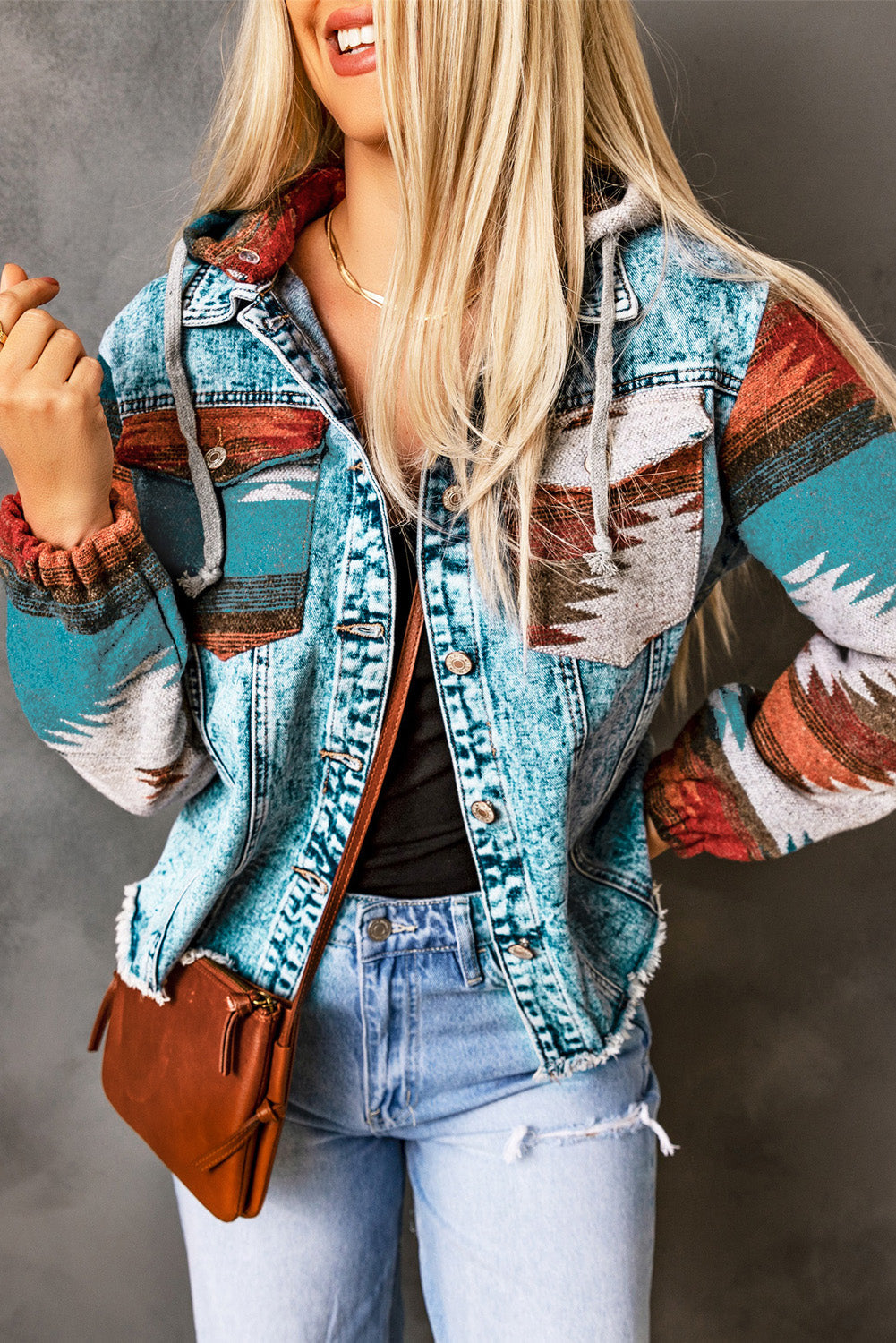 Multicolour Aztec Print Frayed Hem Denim Jacket eAura