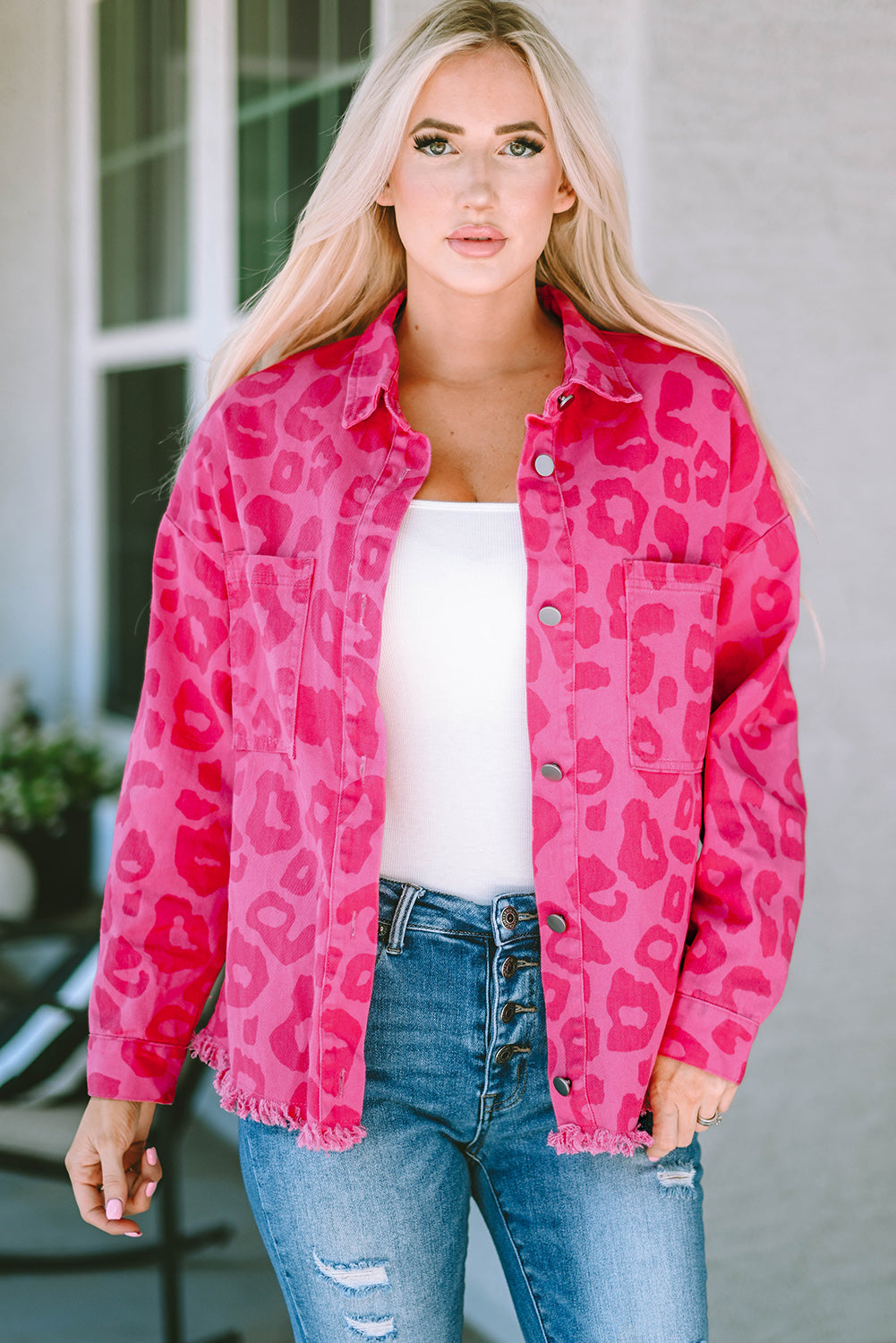 Pink Leopard Print Button Cuffs Raw Hem Jacket eAura