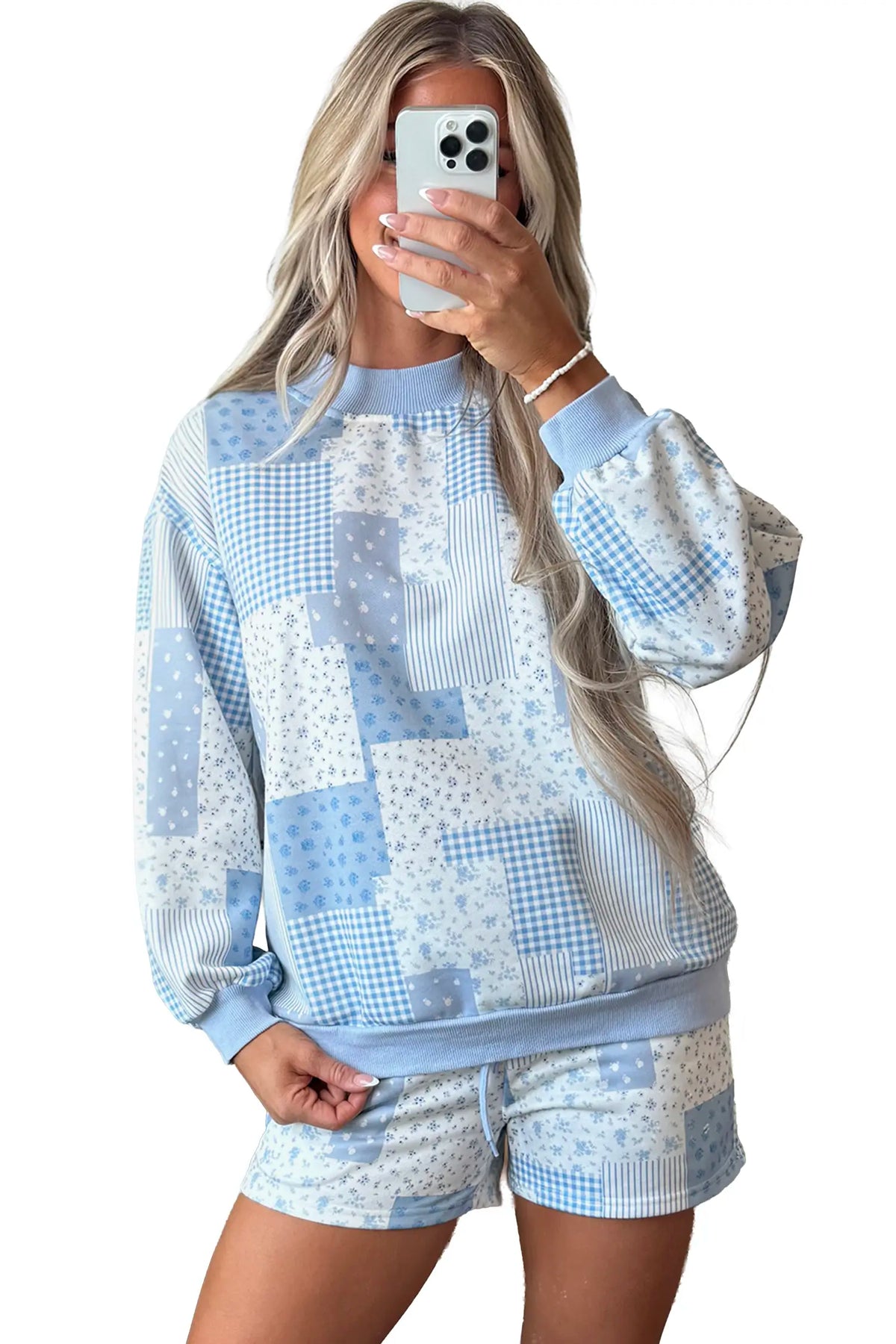 Sky Blue Patchwork Floral Print Drop Shoulder Baggy Pullover Drawstring Shorts Set – Light Blue