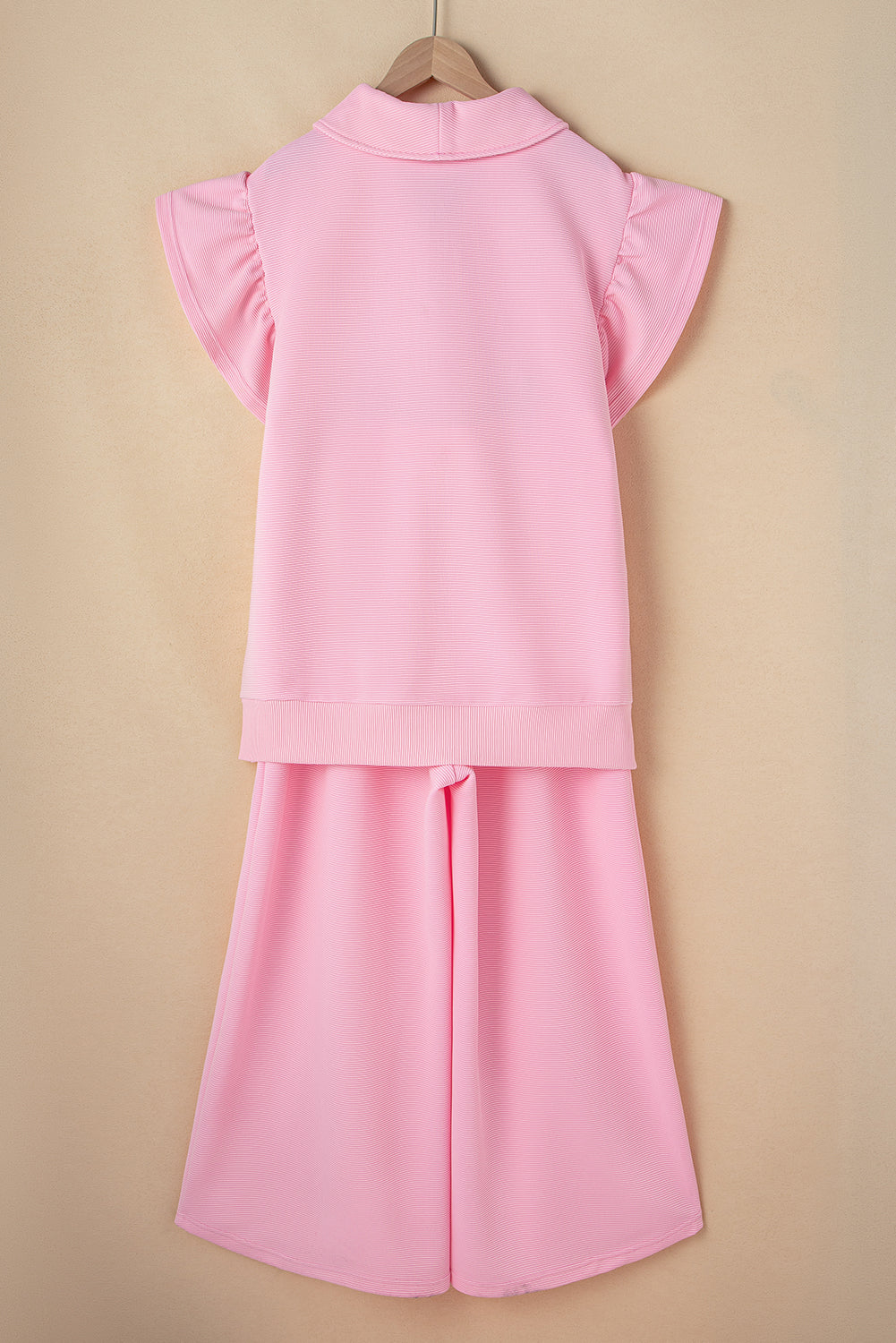 Pink Textured Ruffled Sleeve Zipped Top and Wide Leg Trousers Set eAura