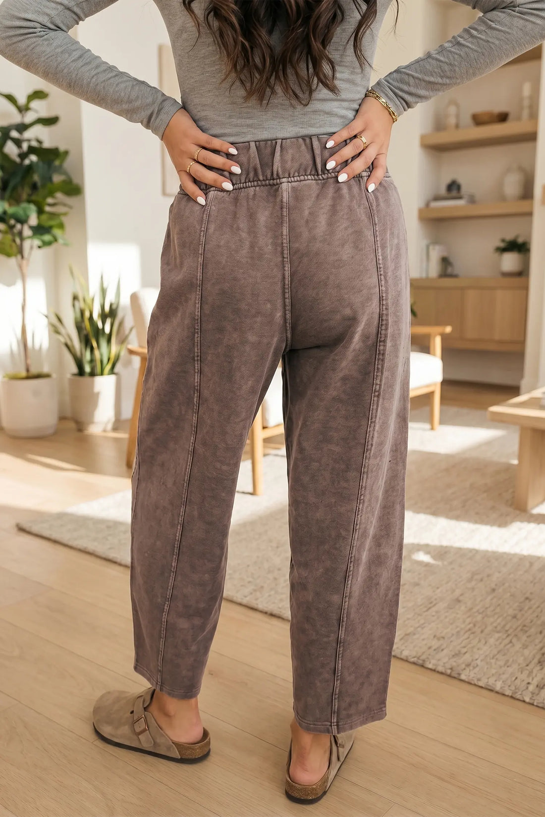 Coffee Mineral Wash Seam Detail Elastic Waist Barrel Pants – Brown