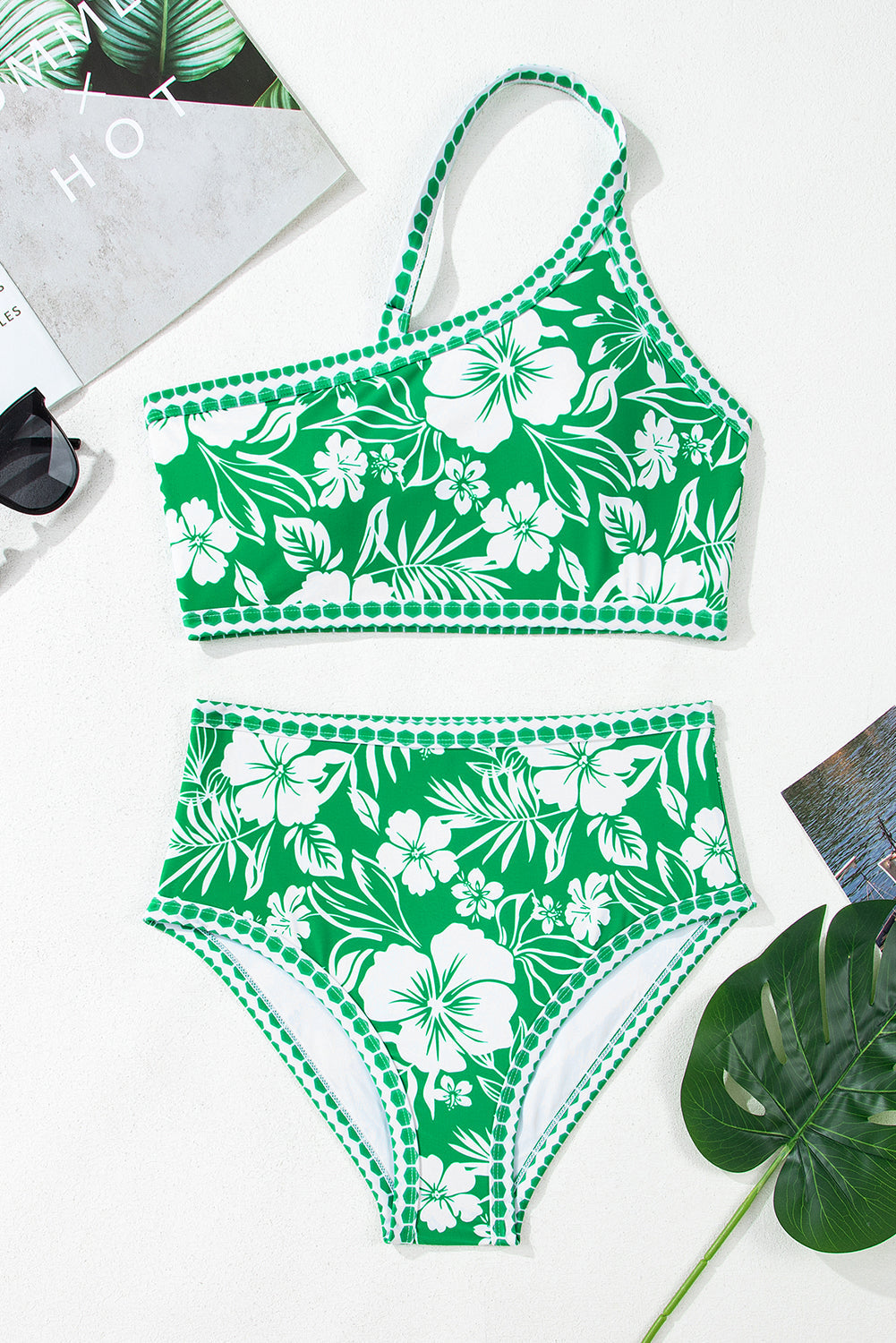 Green Floral Print One Shoulder High Waist Bikini Set eAura