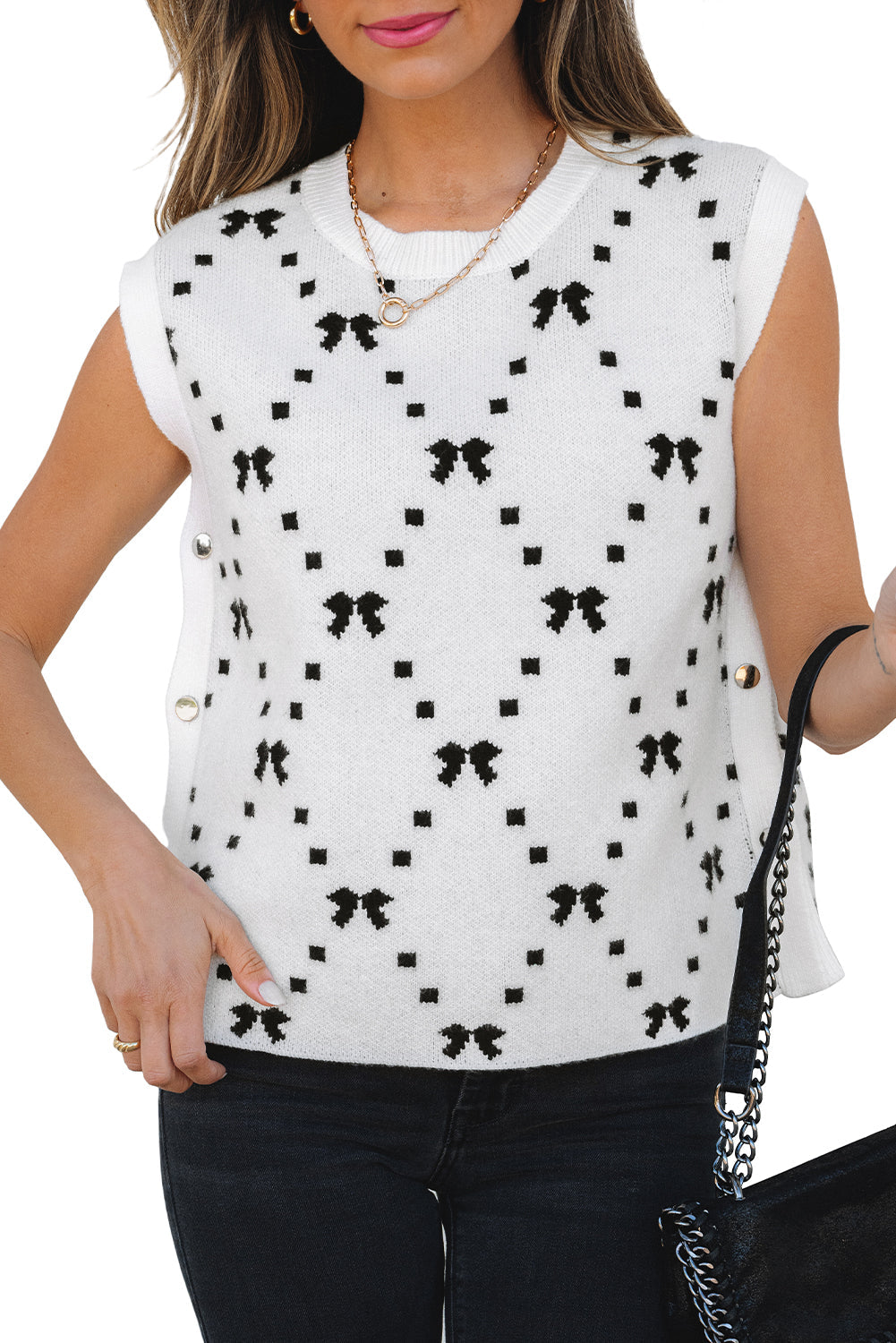 White Bow Pattern Buttoned Side Cropped Sweater Vest eAura