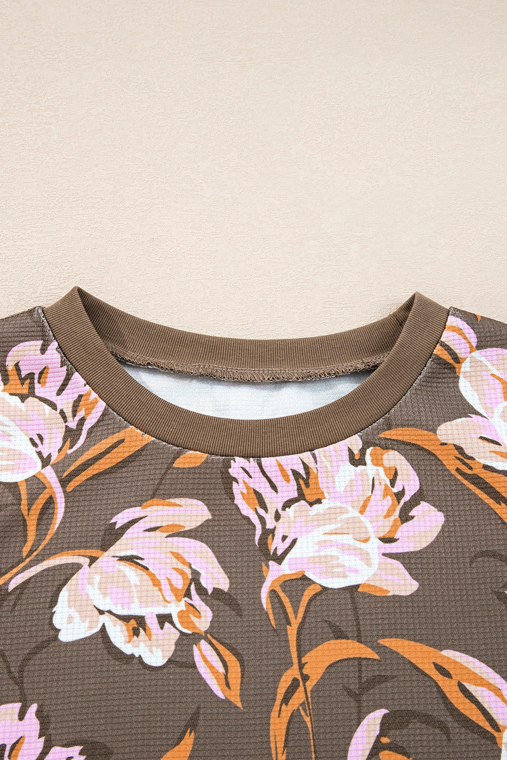 Brown Floral Print Waffle Textured Long Sleeve Top - eAura