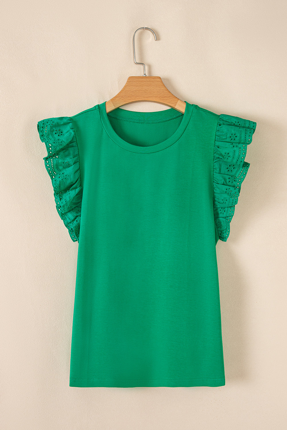 Dark Green Embroidered Ruffled Sleeve Slim Fit Crew Neck Top eAura