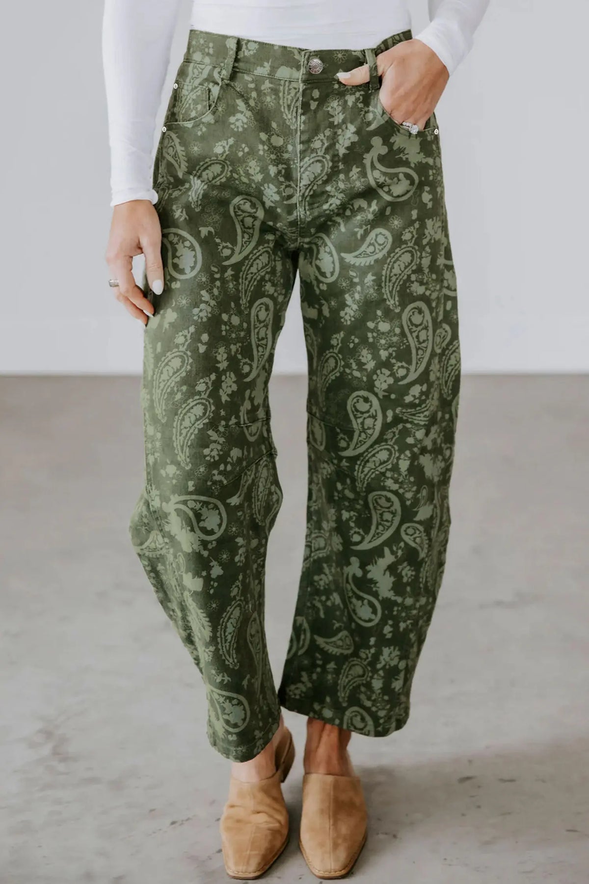 Paisley Print Harem Denim Pants – Green