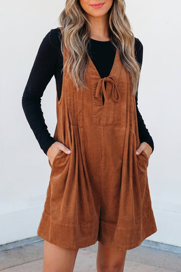 Solid Color Tie V Neck Sleeveless Corduroy Romper – Cinnamon