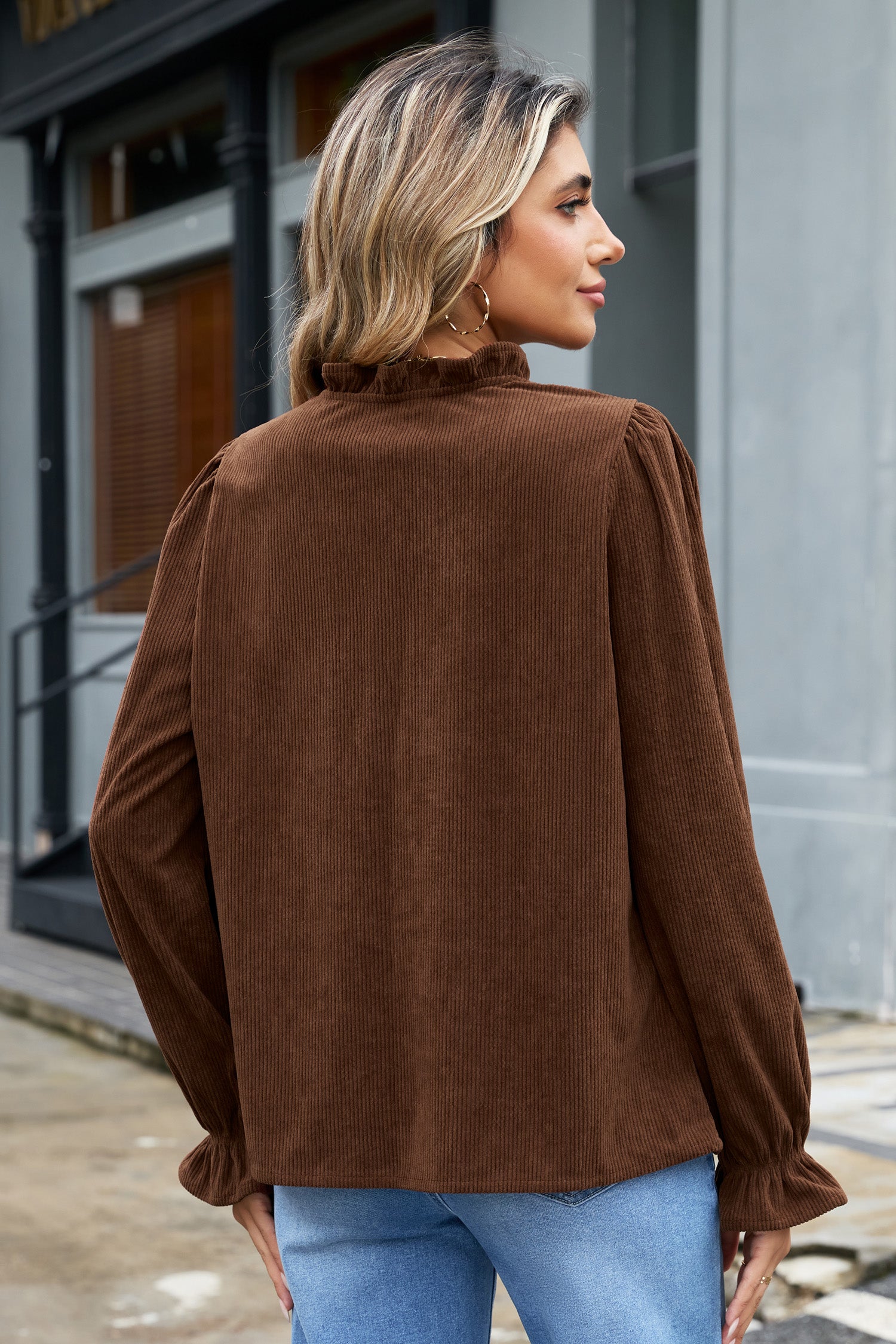 Coffee Solid Color Ruffle Trim V Neck Long Sleeve Button Corduroy Shakcet – Brown