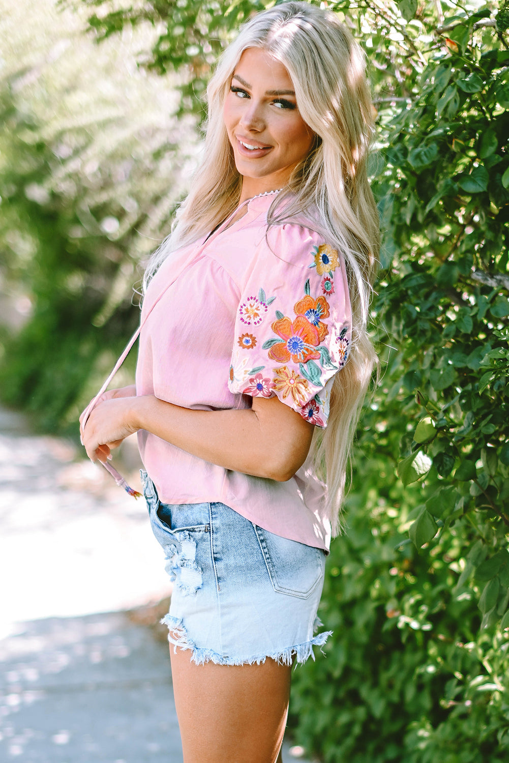 Pink Floral Embroidered Puff Sleeve Split Neck Blouse eAura