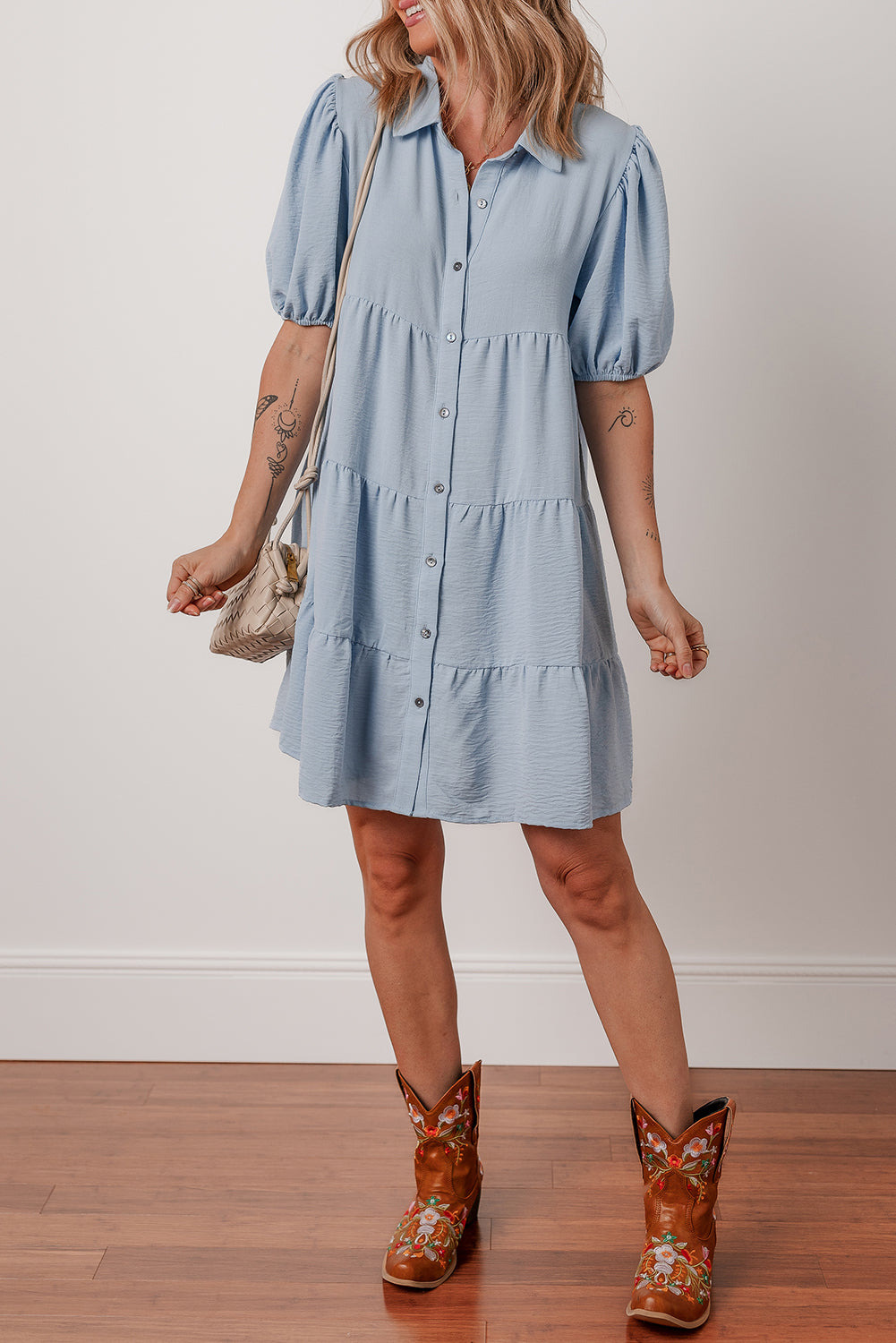 Beau Blue Shirt Collar Button Up Short Puff Sleeve Tiered Shift Dress - eAura