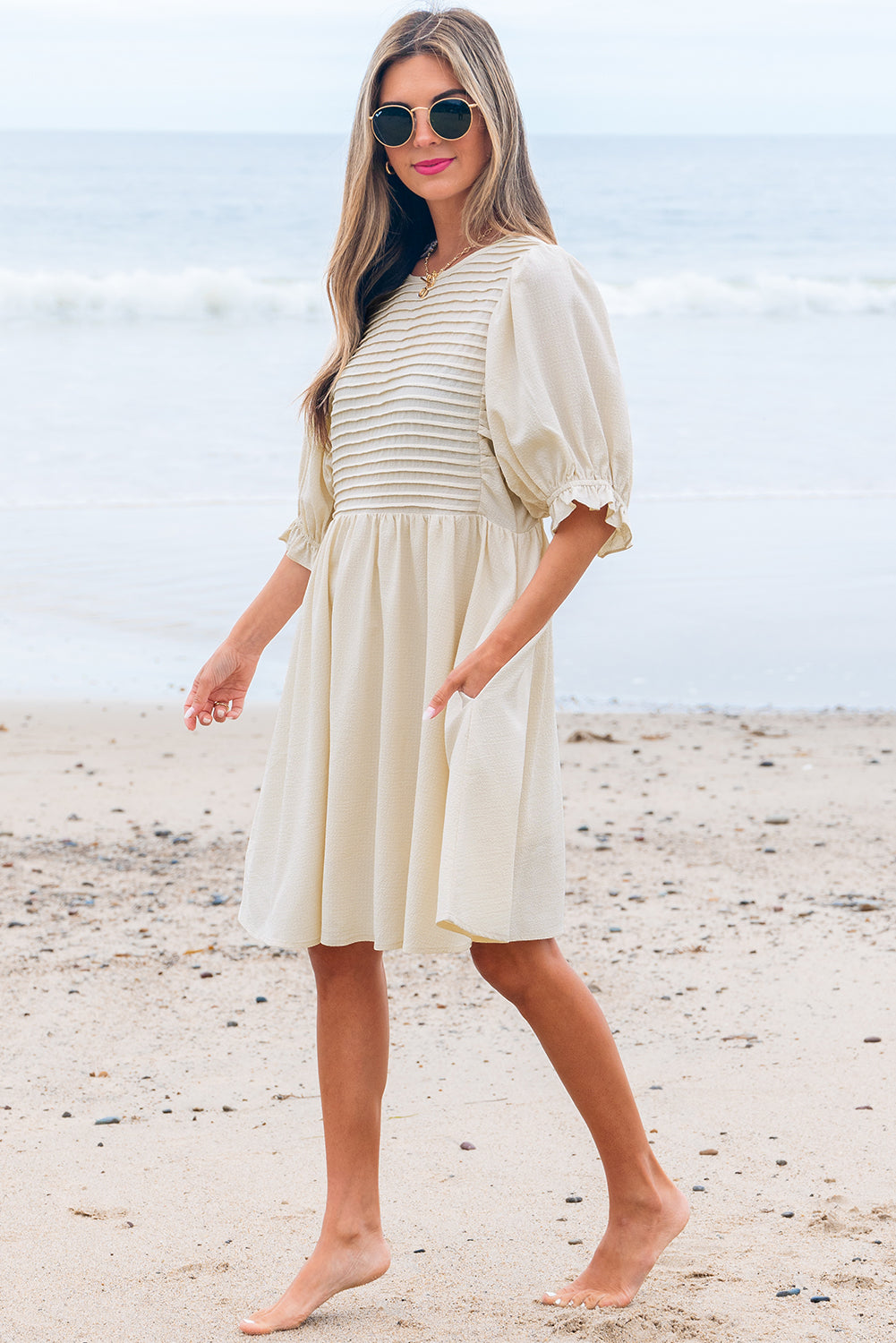 White Textured Ruffled Puff Sleeve Oversized Dress eAura