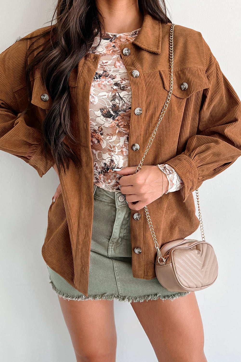Cinnamon Corduroy Flap Pocket Button Up Round Hem Shacket eAura