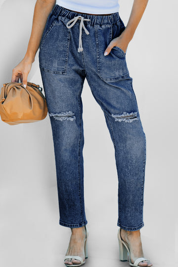 Distressed Pocketed Denim Jogger – Blue