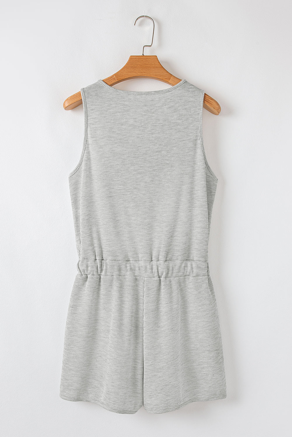 Light Grey Waffle Knit Sleeveless Buttoned Front Drawstring Waist Romper eAura