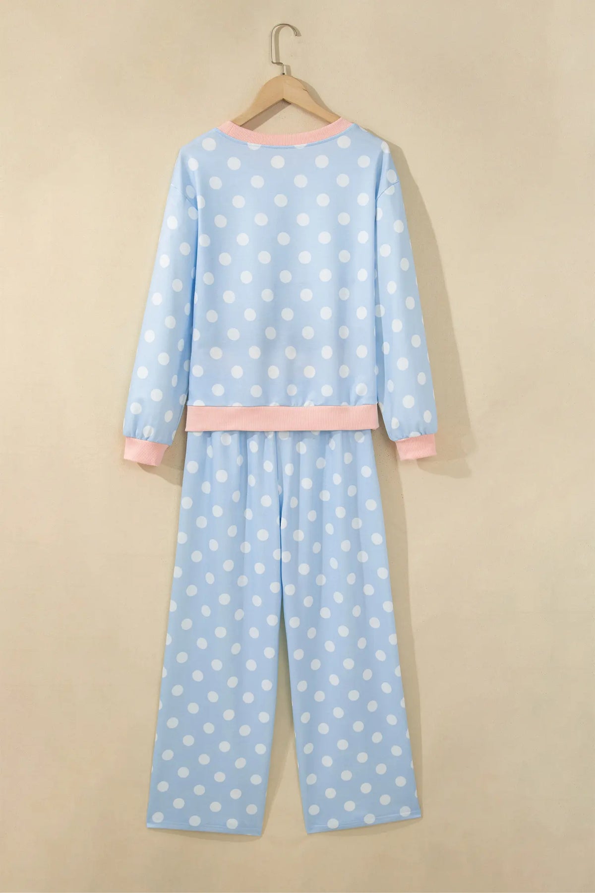 Polka Dot Contrast Trim Long Sleeve Top Drawstring Shift Pants Set – Pink