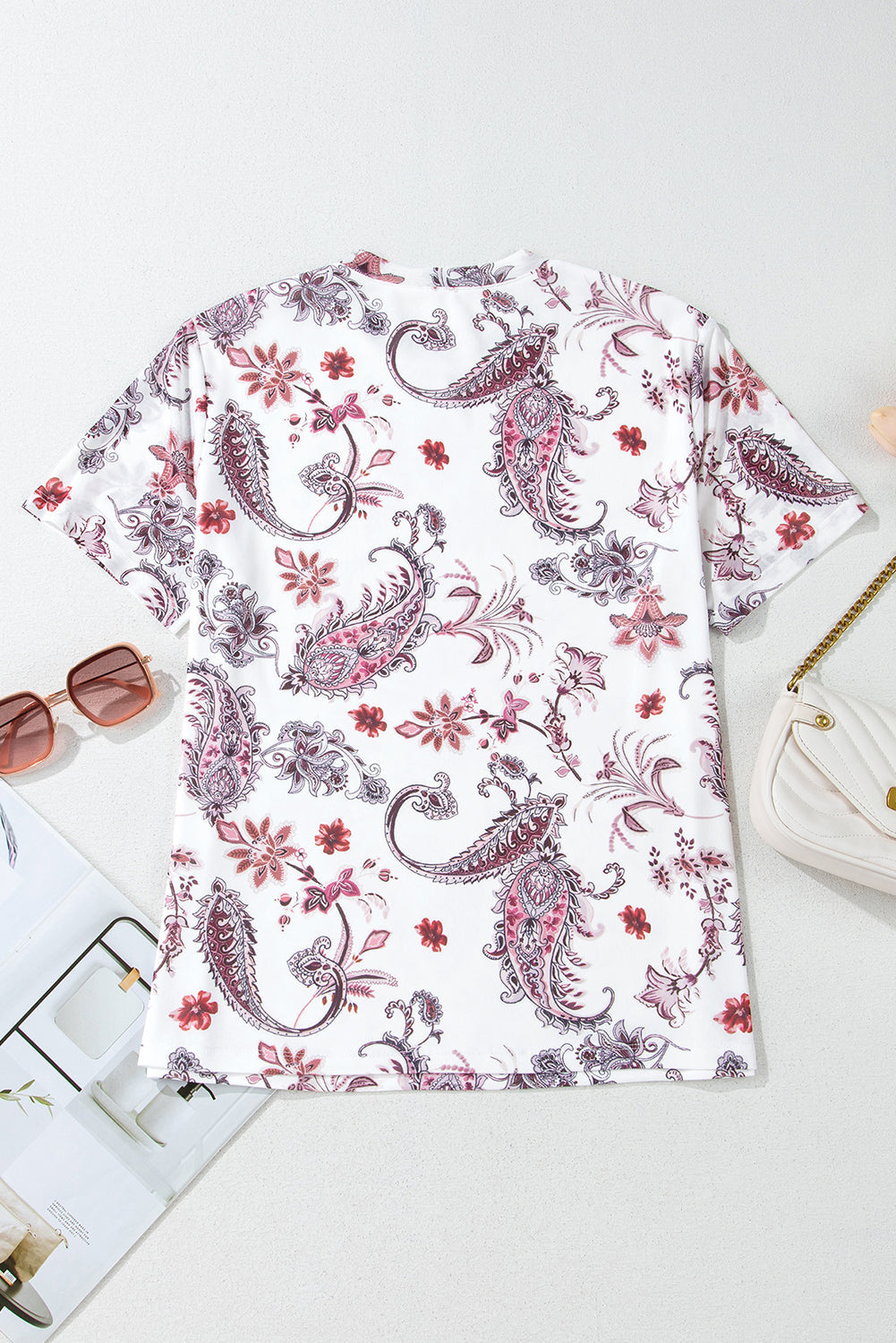 White Vintage Paisley Mock Neck T Shirt eAura
