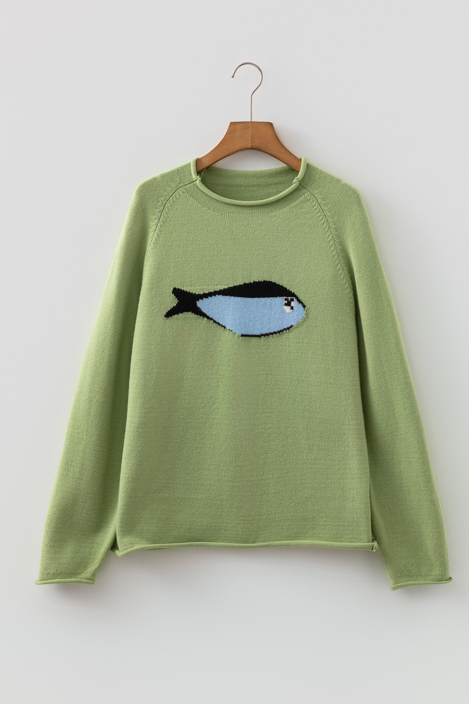 Unique Fish Knit Oversized Round Neck Sweater – Meadow Mist Green