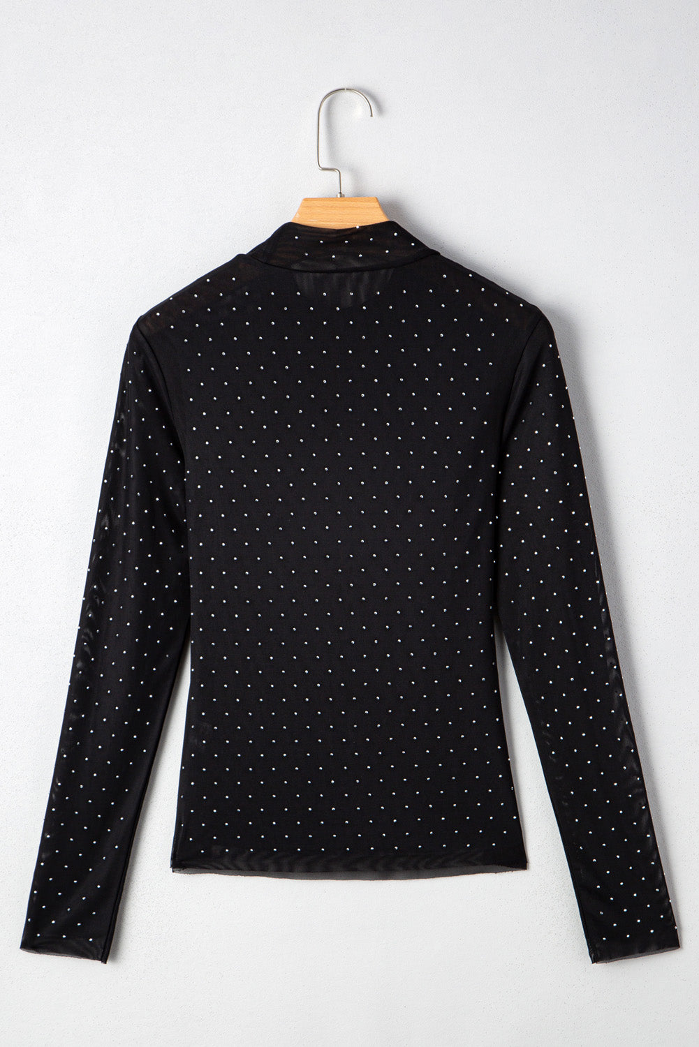 Black Rhinestone Embellished Mesh Long Sleeve Top - eAura