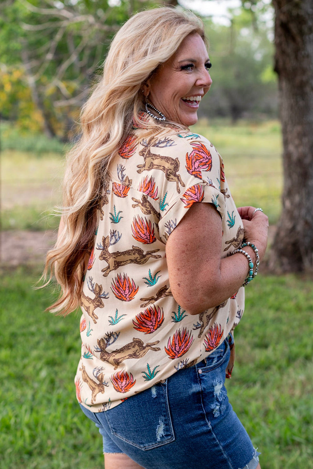 Khaki Plus Size Western Pattern Print Buttoned Short Sleeve Shirt BB Fashion Outlet