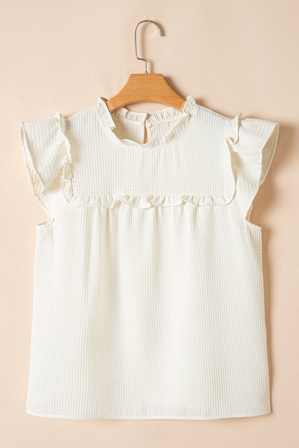 White Solid Colour Ruffle Trim Waffle Knit Blouse eAura