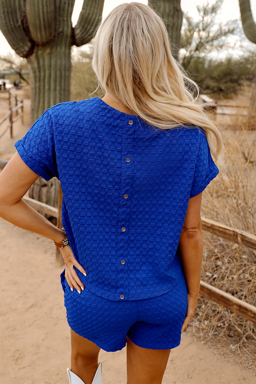 Sky Blue Jacquard Textured Buttoned Tee and Shorts Set eAura