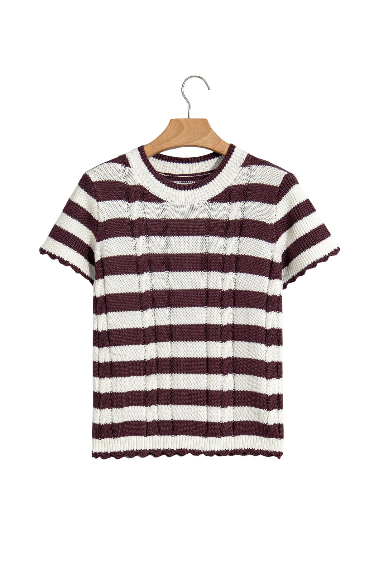 Ribbed Knit Cable Detail Short Sleeve Sweater – Brown Stripe