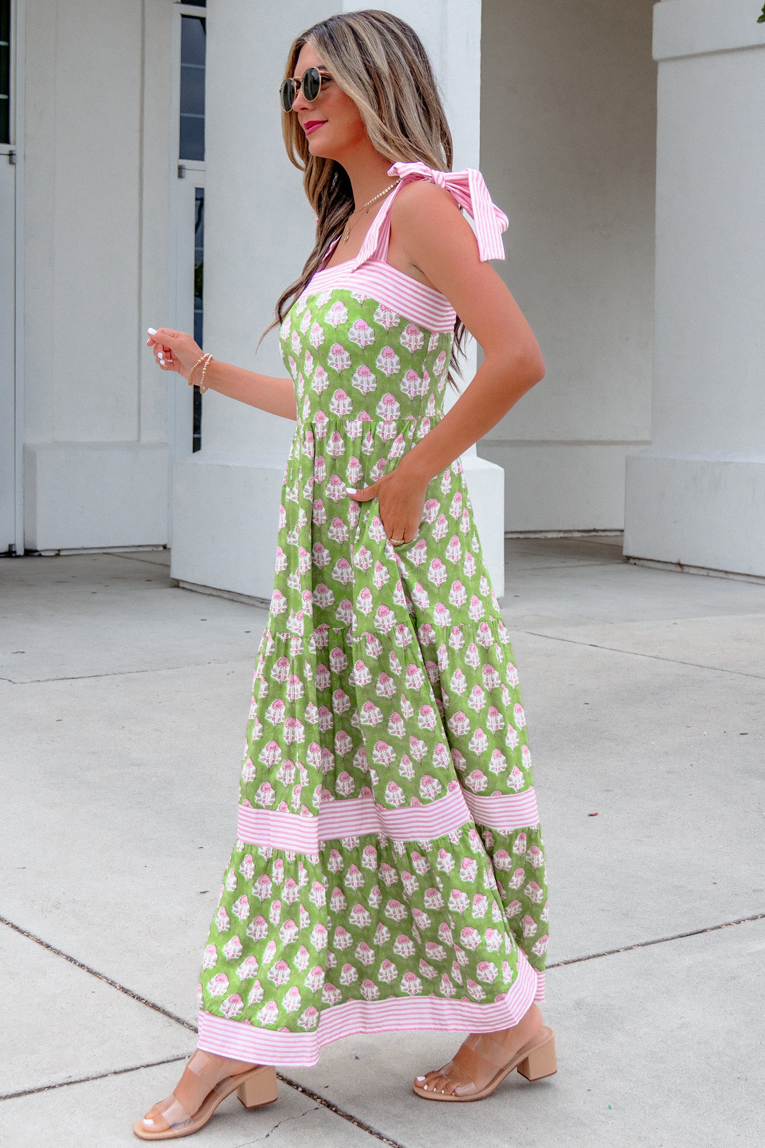 Floral Print Striped Knot Strap Maxi Dress – Green