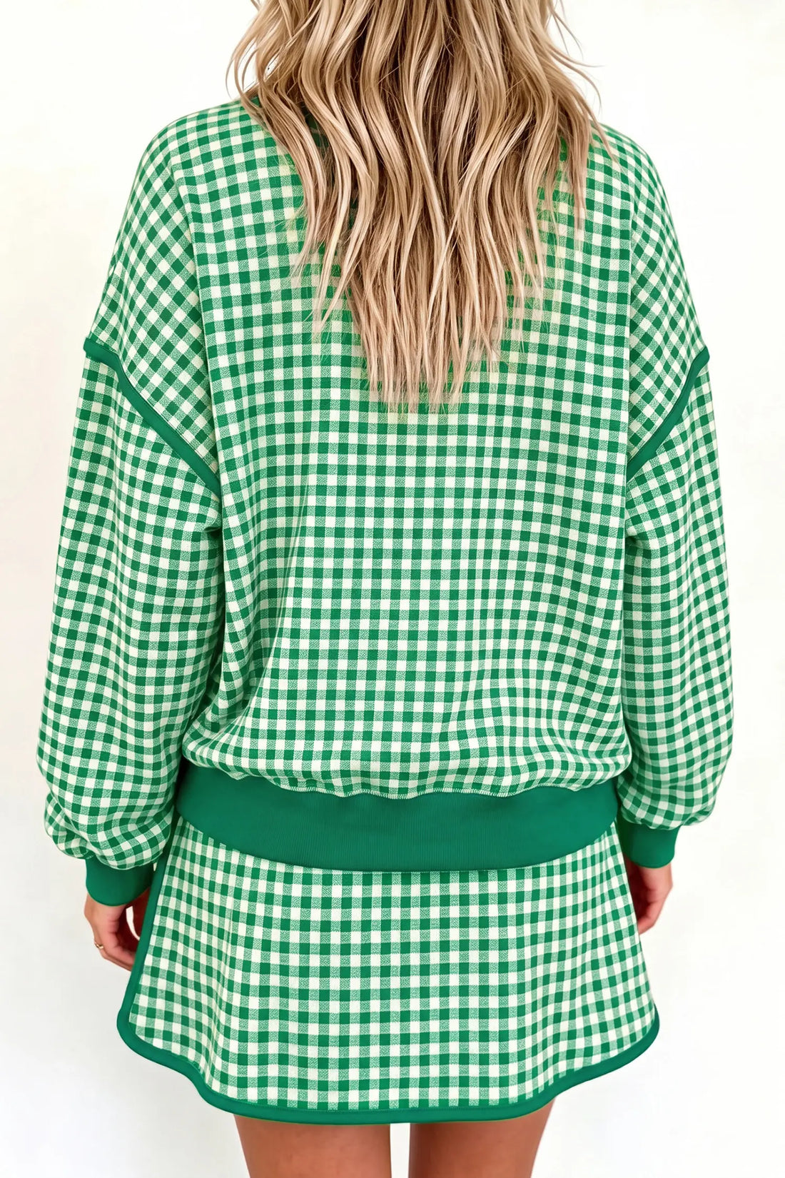 Gingham Oversized Ribbed Trim Crew Neck Long Sleeve Top and Skort Set