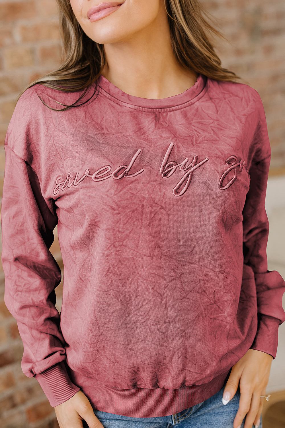 'Saved By Grace' Embroidered Mineral Wash Sweatshirt