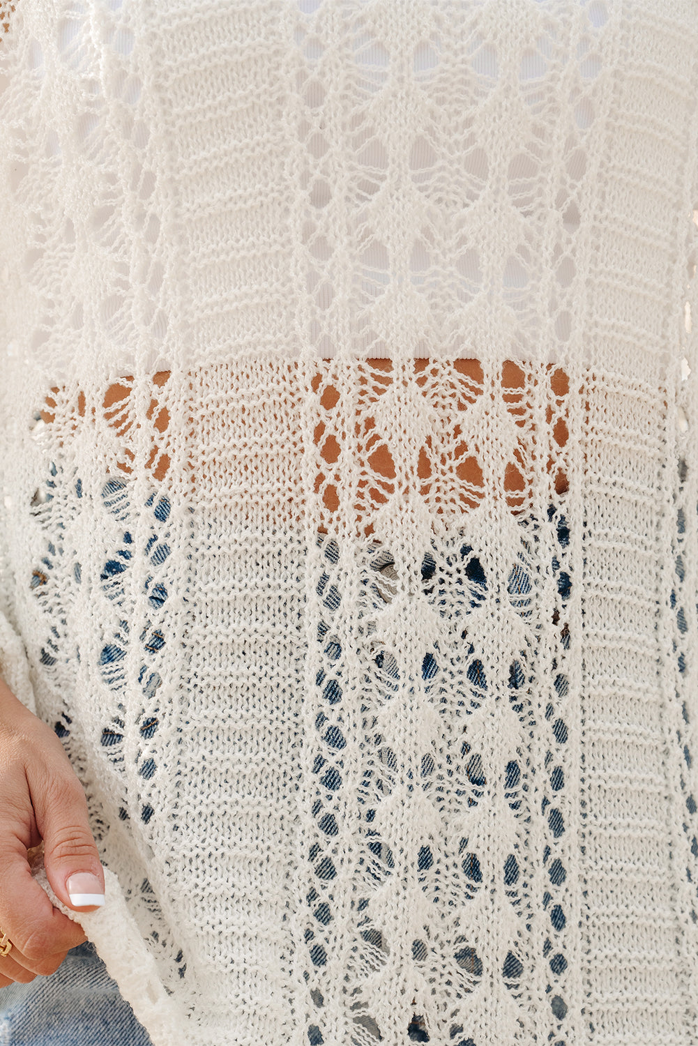 White Hollow Out Knit Bracelet Sleeve Drop Shoulder Sweater eAura