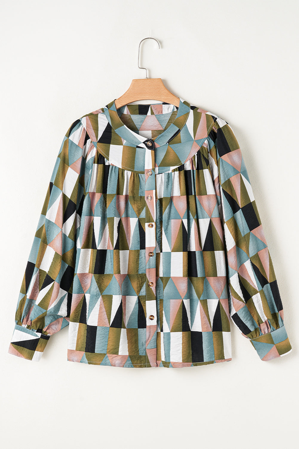 Green Geometric Print Buttoned Balloon Sleeve Loose Fit Shirt BB Fashion Outlet