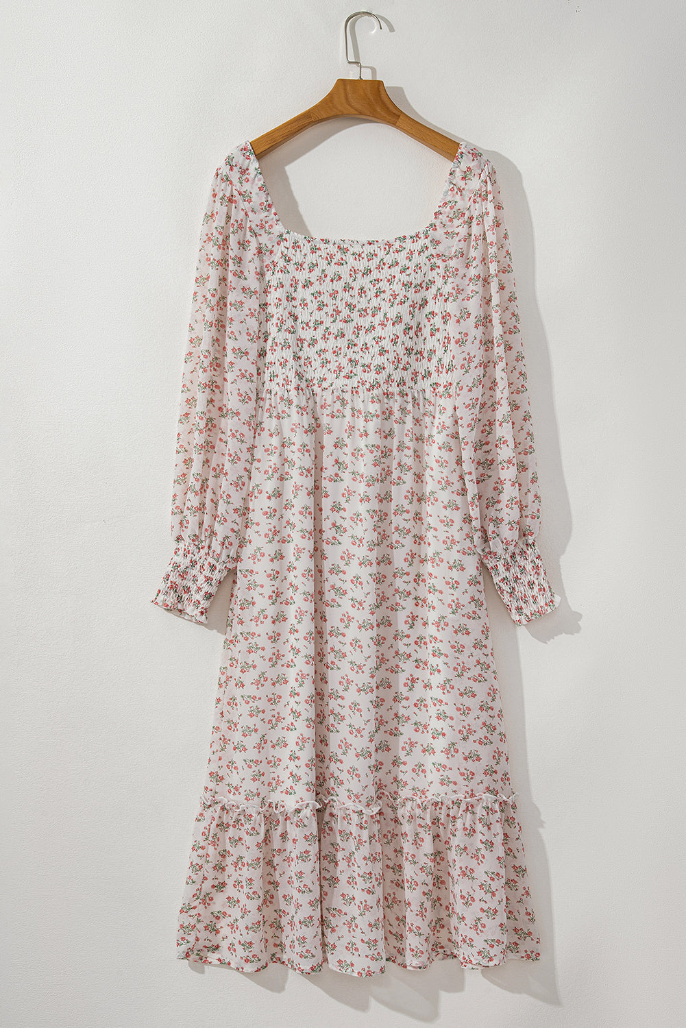 White Floral Print Shirred Ruffled Hem Square Neck Midi Dress eAura