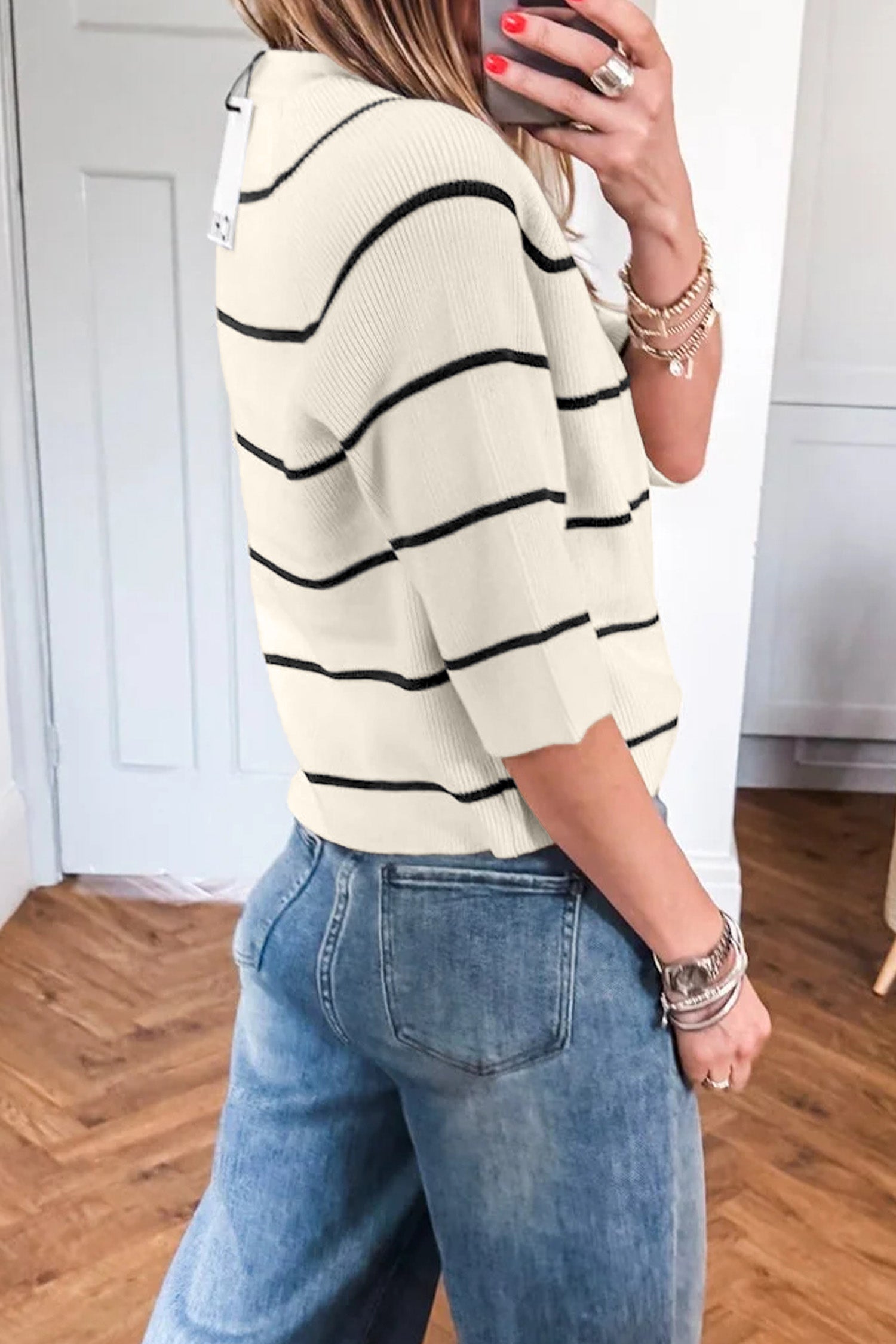 Ribbed Knit Half Sleeve Loose Sweater Tee – White Stripe