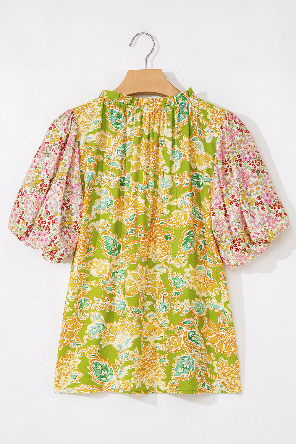 Paisley Print Contrast Bubble Sleeve Patchwork Blouse eAura