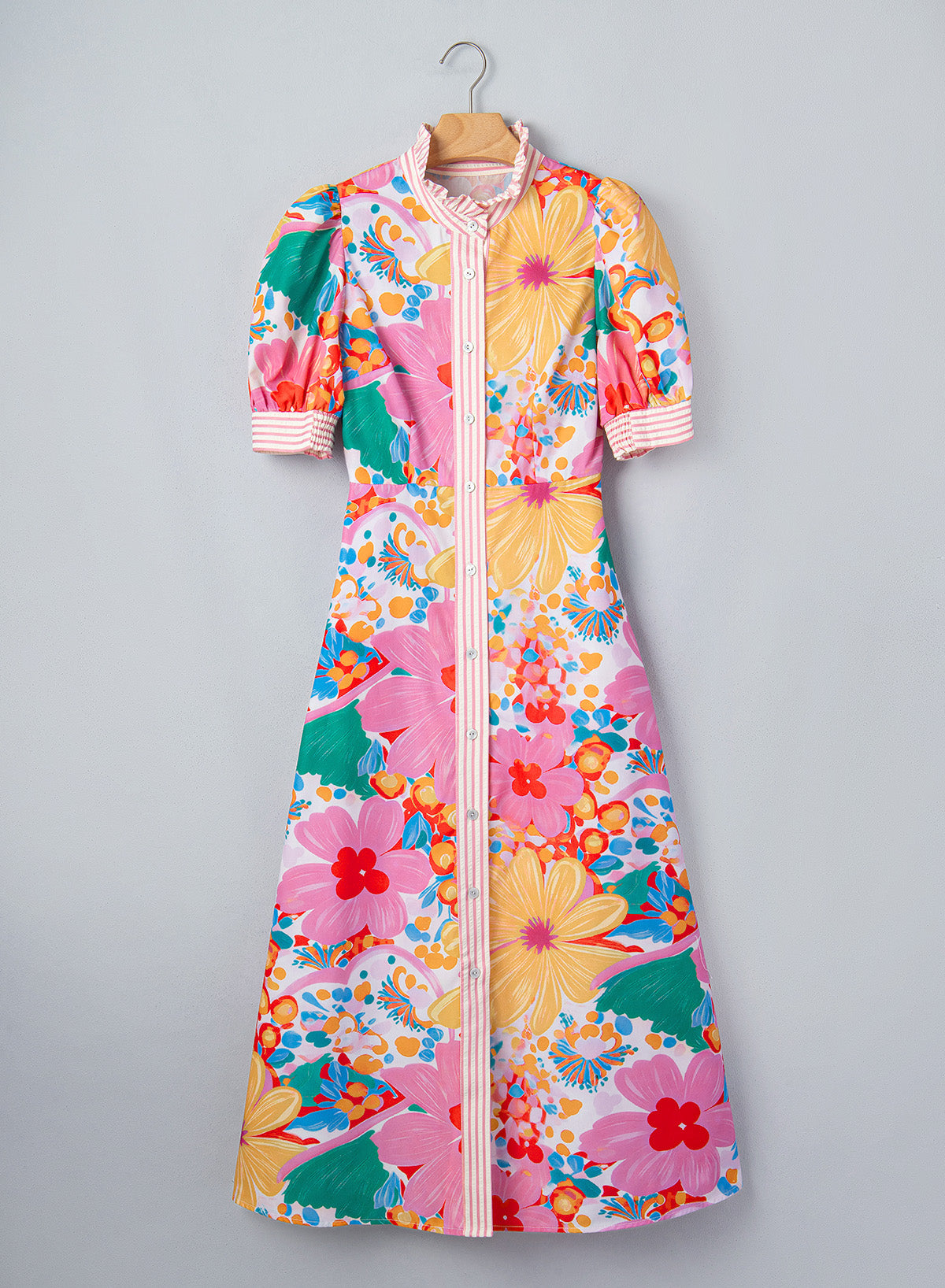 Floral Print Striped Trim Button-Down Shirt Dress