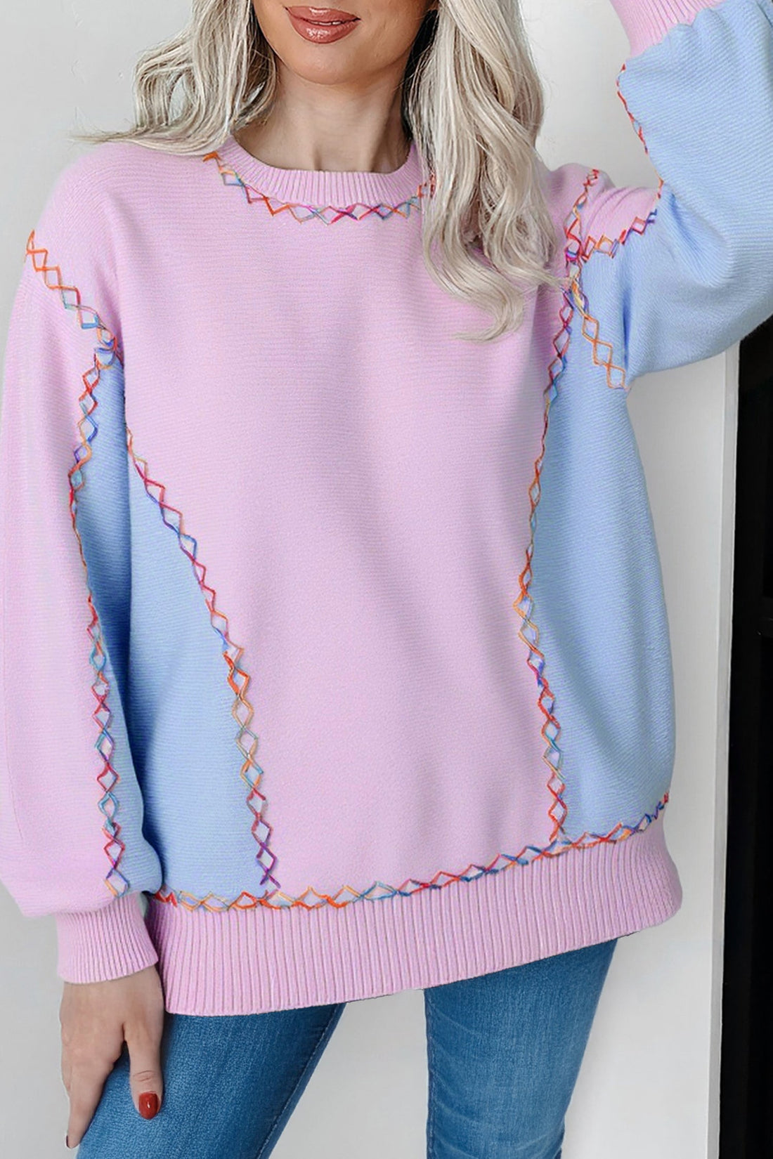 Rainbow Stitching Balloon Sleeve Relaxed Sweater - eAura