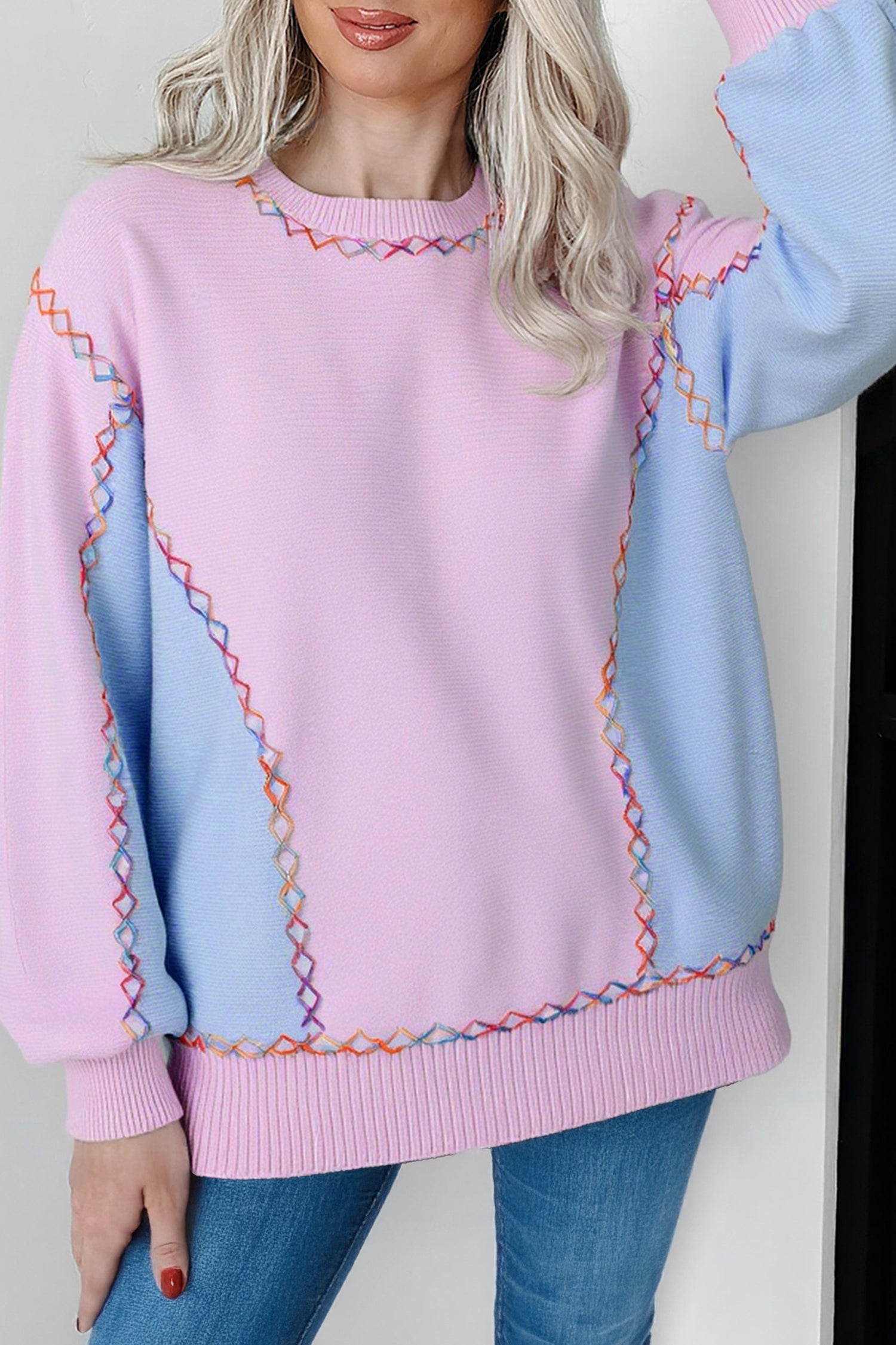 Rainbow Stitching Balloon Sleeve Relaxed Sweater - eAura