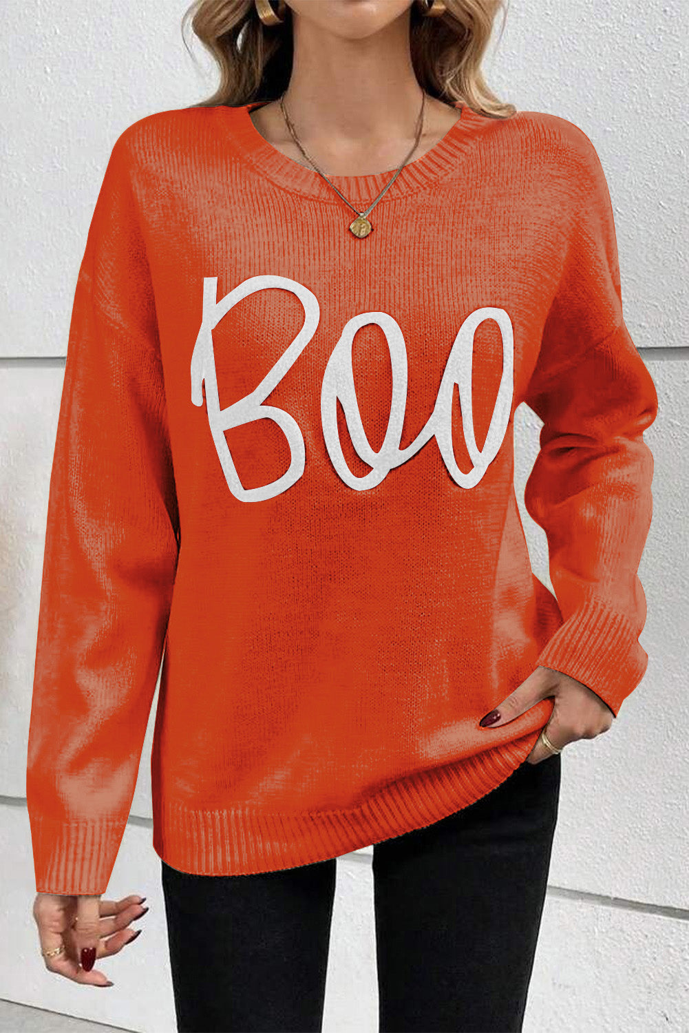 Black Boo Knitted Pattern Ribbed Edge Drop Shoulder Sweater eAura
