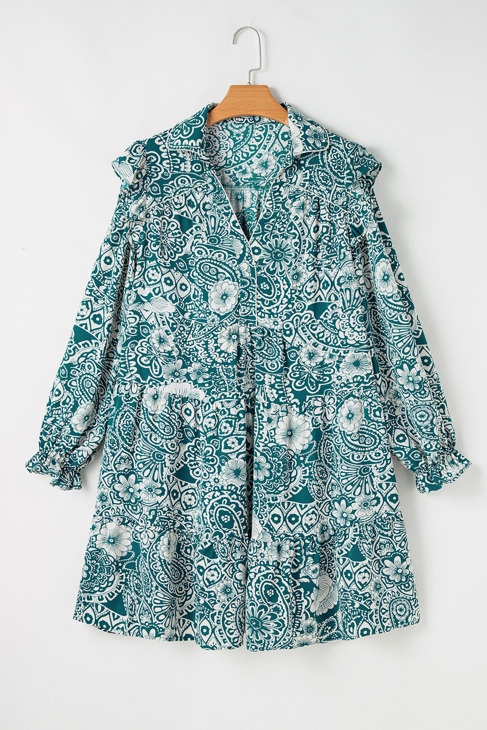 Green Floral Flounce Sleeve Split Neck Plus Size Dress Beagle Boutique Fashion Outlet