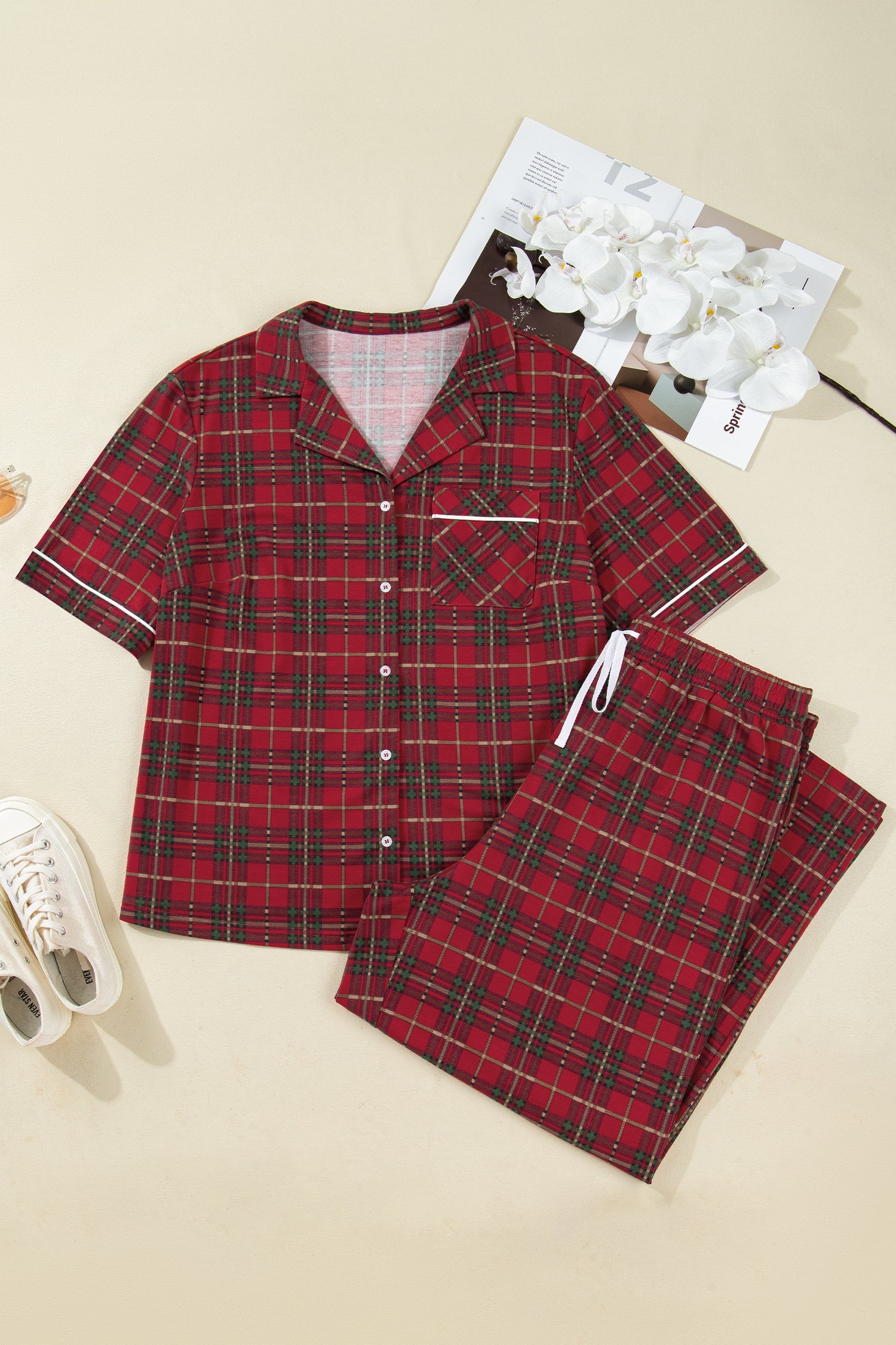 Plus Size Plaid Short Sleeve Shirt Pyjama Set - eAura