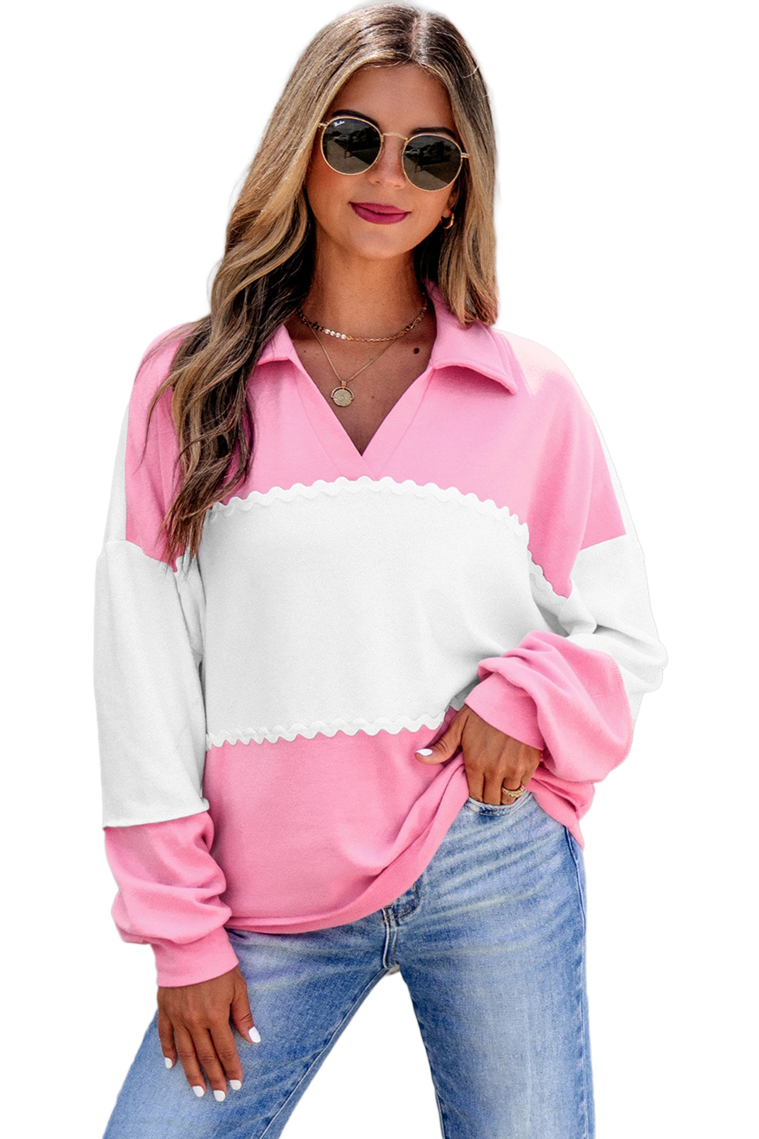 Color Block Ricrac Trim Patchwork Collar V Neck Long Sleeve Top – Rose Red