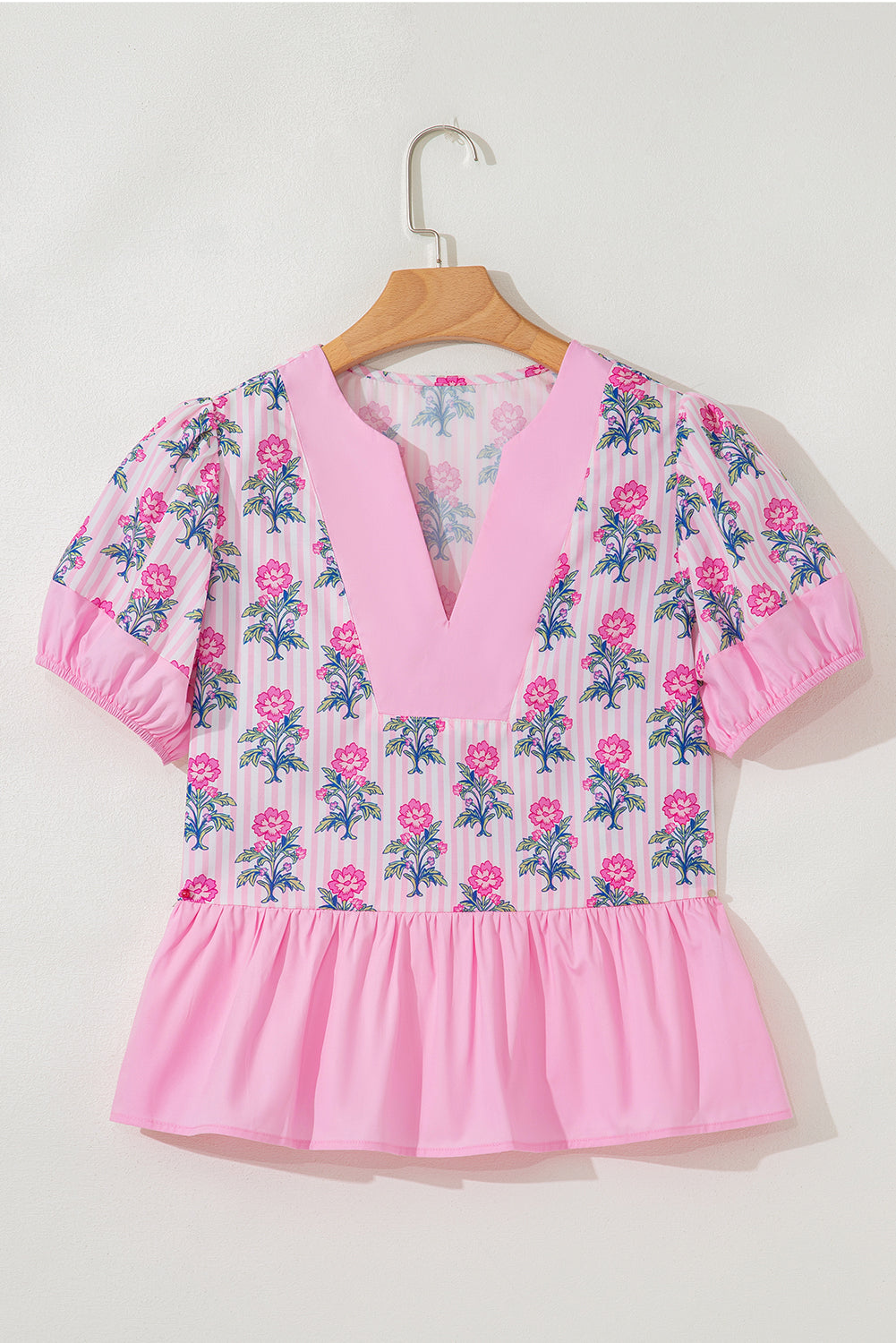 Rose Floral Striped Print Contrast Patchwork Ruffle Hem Blouse eAura