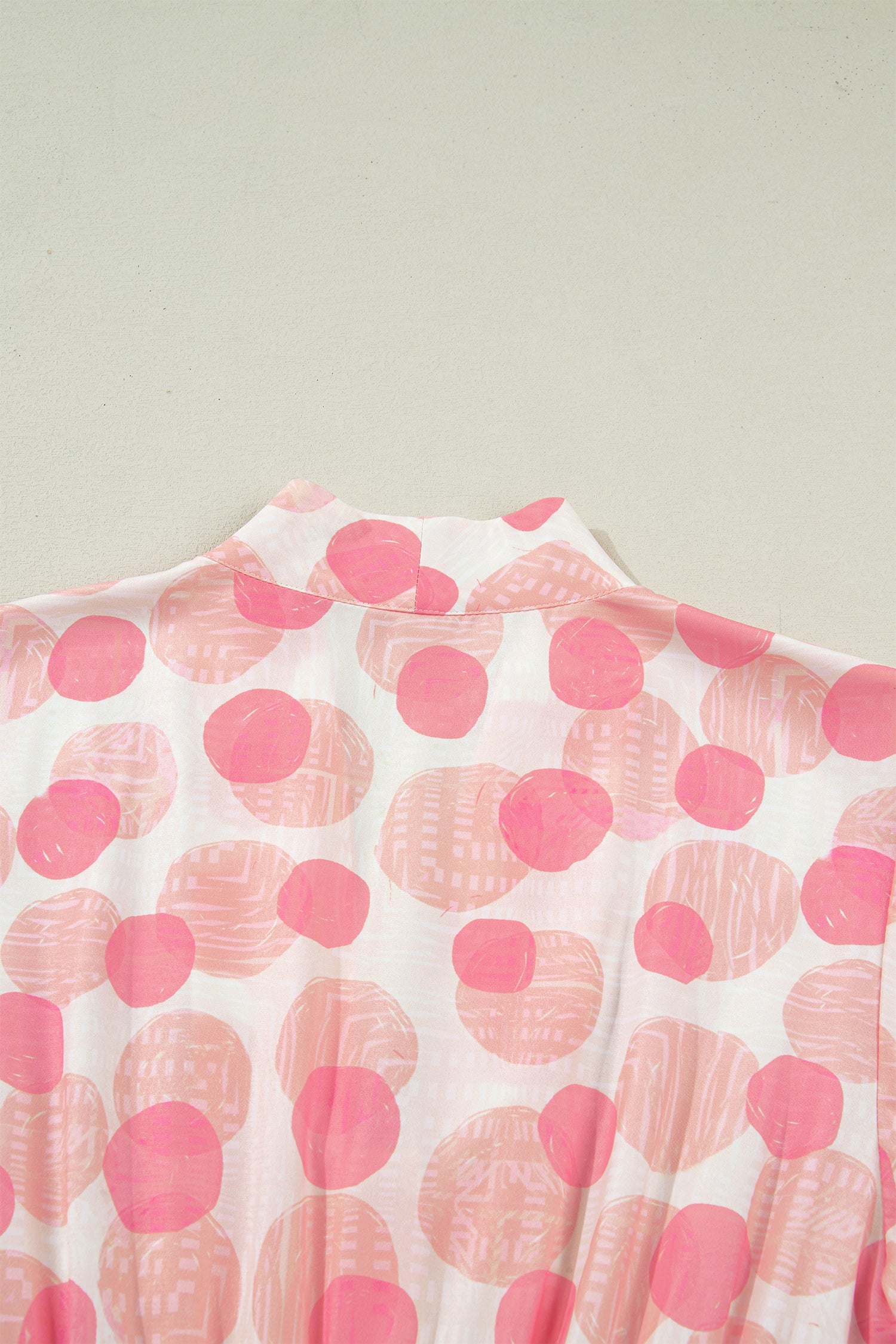 Pink Polka Dot Printed Ruffle Short Sleeve Zip Up Long Dress