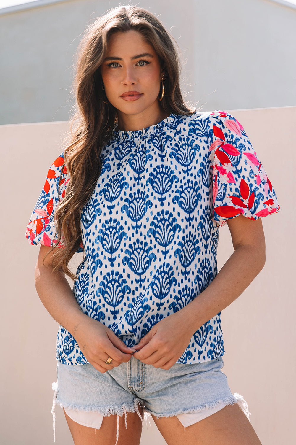 Blue Western Fashion Print Floral Puff Sleeve Frilled Neck Blouse eAura