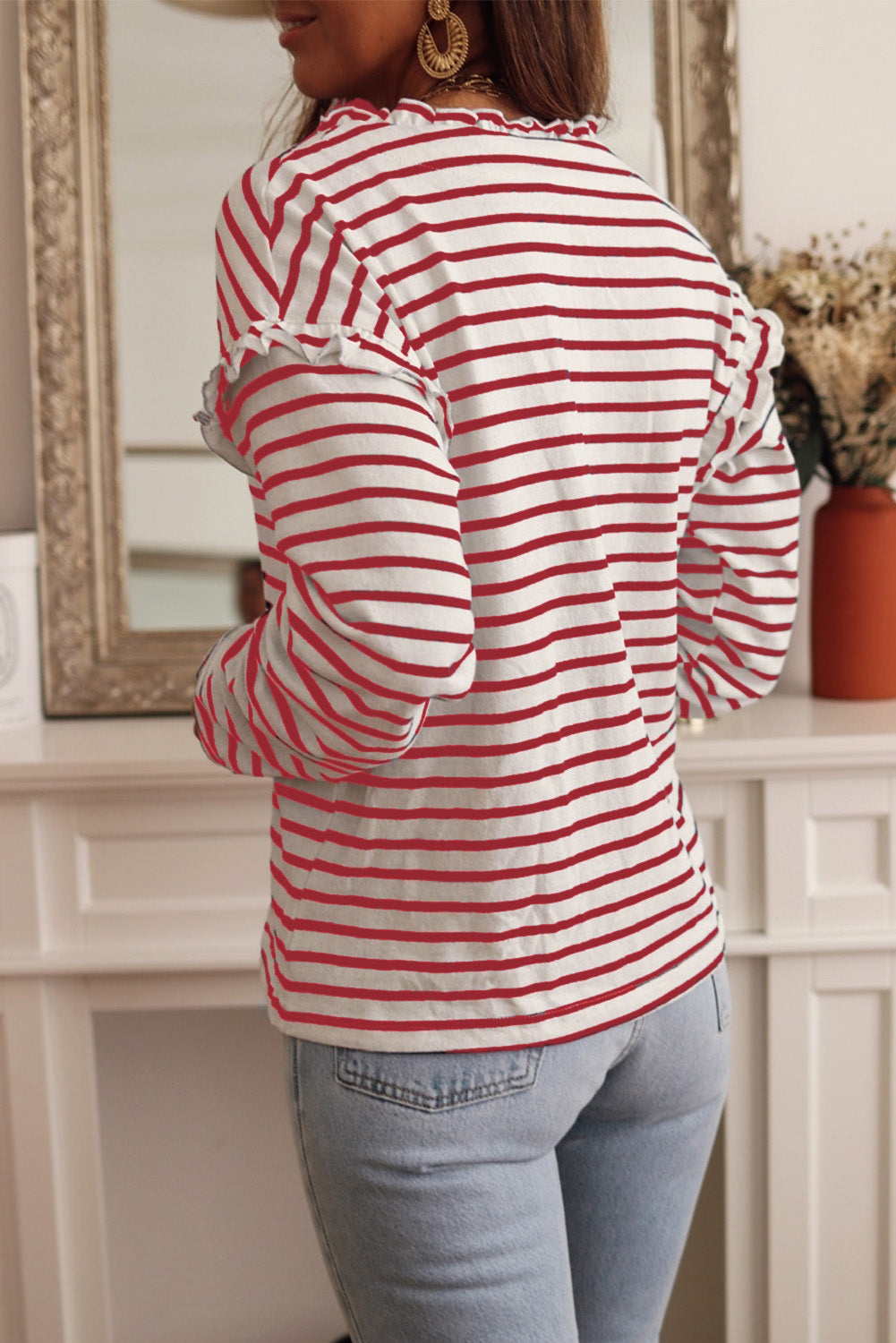 Black Striped Print Ruffled Buttoned Long Sleeve Top eAura