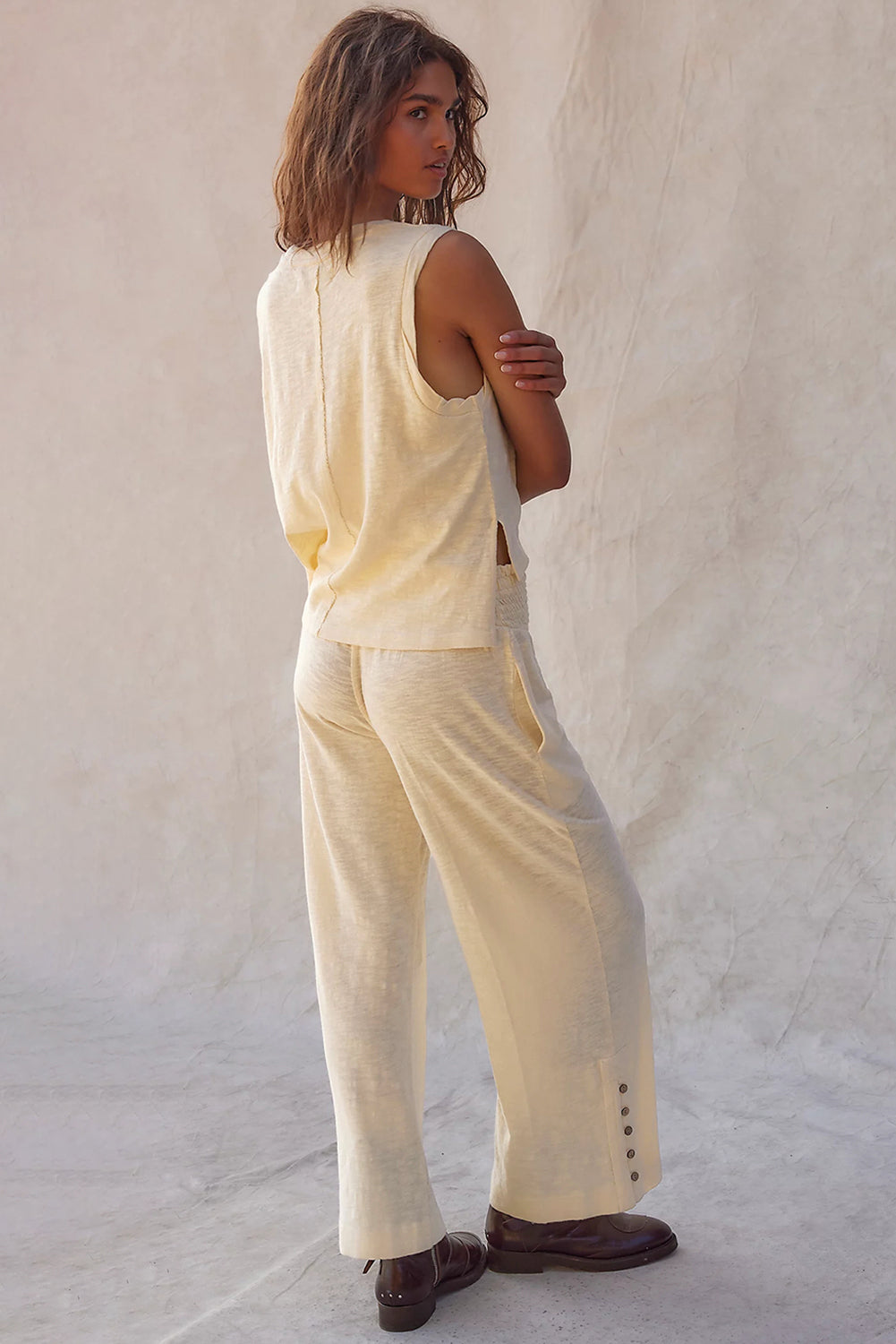 Beige Semi-Sheer Sleeveless Top and Smocked Waist Trousers Set Co-ord eAura