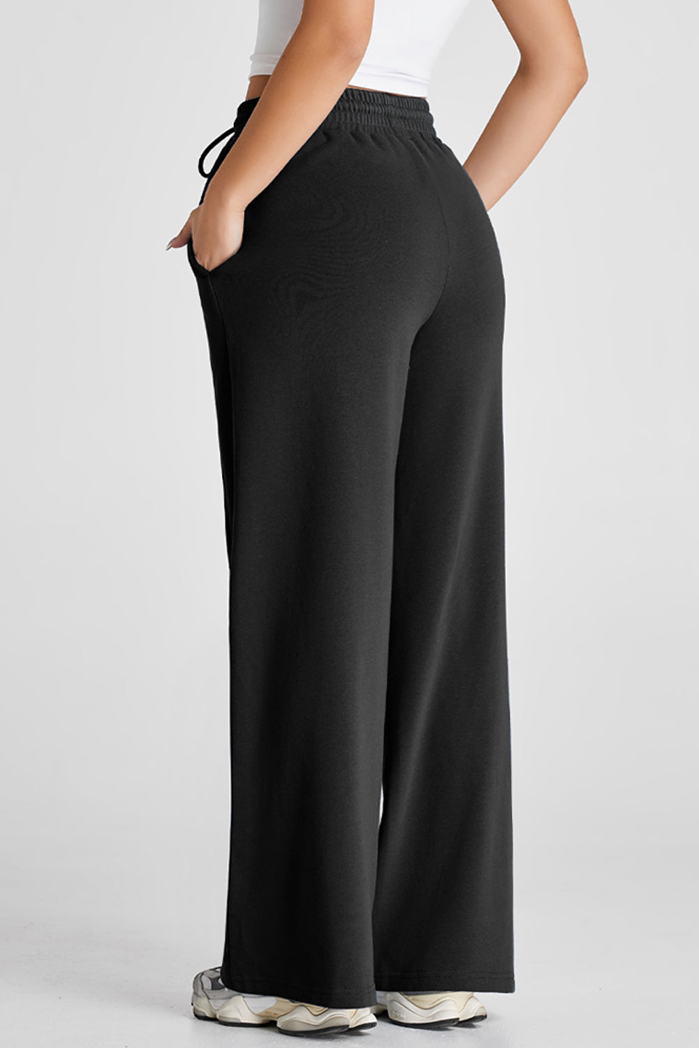 Black Seamed Drawstring High Waist Wide Leg Sweatpants - eAura
