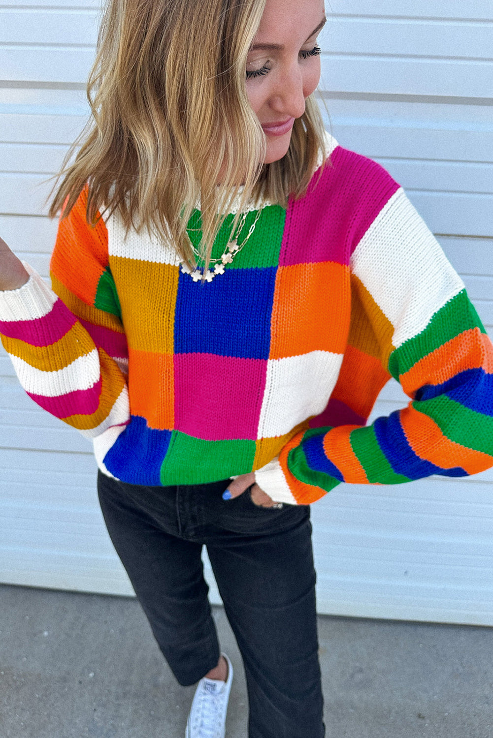 Orange Checkered Colour Block Round Neck Loose Sweater eAura